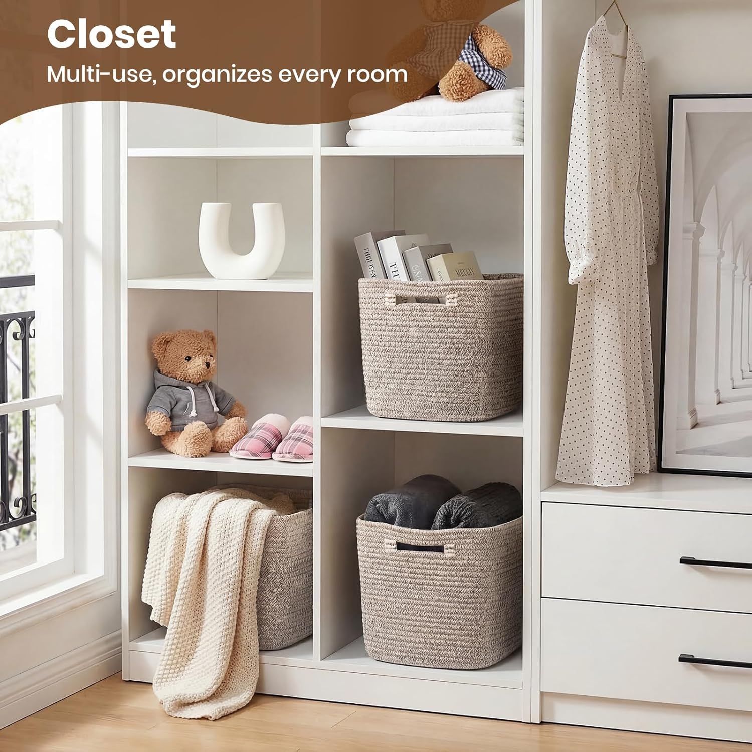 Storage Baskets for Organizing, 14 x 10 x 9” Closet Shelf Woven Baskets, Square Bins with Handles, Cotton Rope Basket for Toys, Clothes, Office, Room, Brown 3 Pack