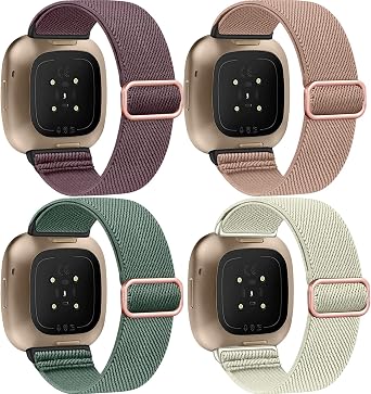 4 Pack Stretch Nylon Bands, Compatible with Fitbit Versa 4/Fitbit Versa 3 Bands/Fitbit Sense 2/Fitbit Sense Bands, Adjustable Soft Sport Woven Strap for Men and Women