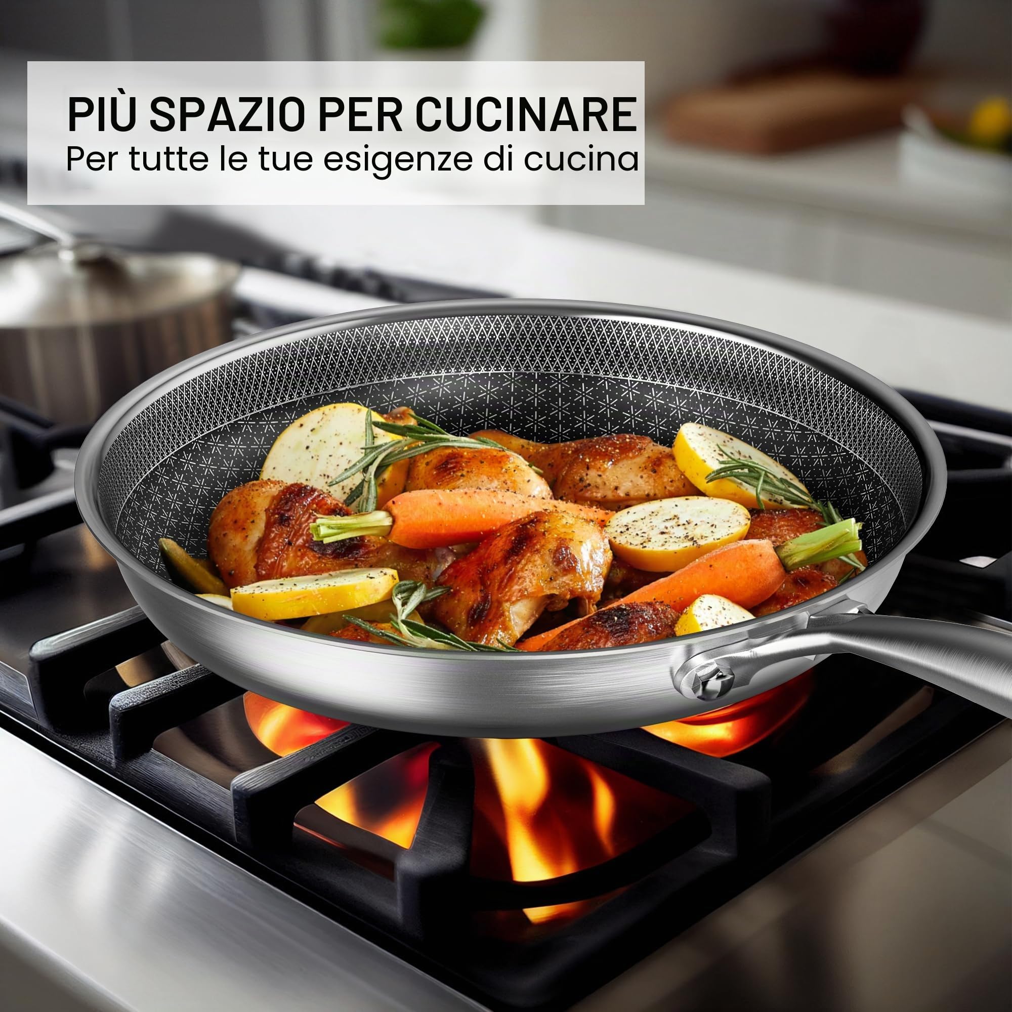 RIOVARM Acciaio inossidabile Set di padelle con coperchi Induzione Antiaderente Padella Wok 20cm 26cm 30cm Lavabile in lavastoviglie Sicura per il forno Padelle e padelle universali Padella Omelette