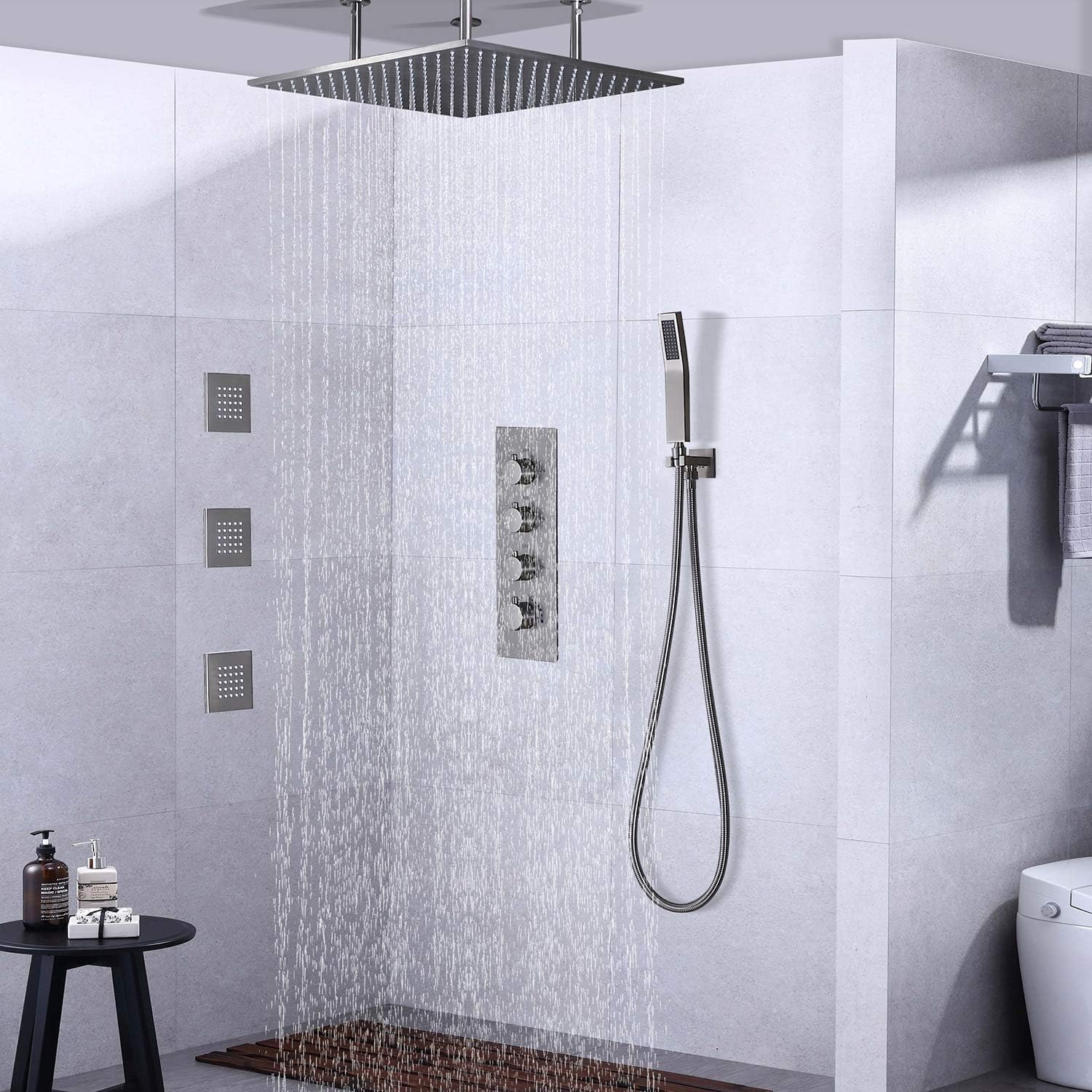 Exclusive Discount 60% Price JiaYouJia 20'' Thermostatic Rain Shower System Flush Mount Shower Combo Set with Hand Spray & Body Jets Bathroom Shower Faucet in Brushed Nickel Super Sale 🛒 JiaYouJia 20'' Thermostatic Rain Shower System Flush Mount Shower Combo Set with Hand Spray & Body Jets Bathroom Shower Faucet in Brushed Nickel