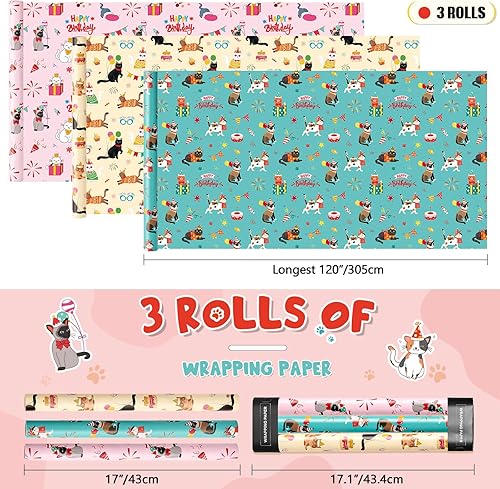 Miniatura 2 de WERNNSAI Rollos de papel de regalo para gatos, 3 rollos de papel de regalo de cumpleaños de 17 x 120 pulgadas, papel de regalo de cumpleaños para