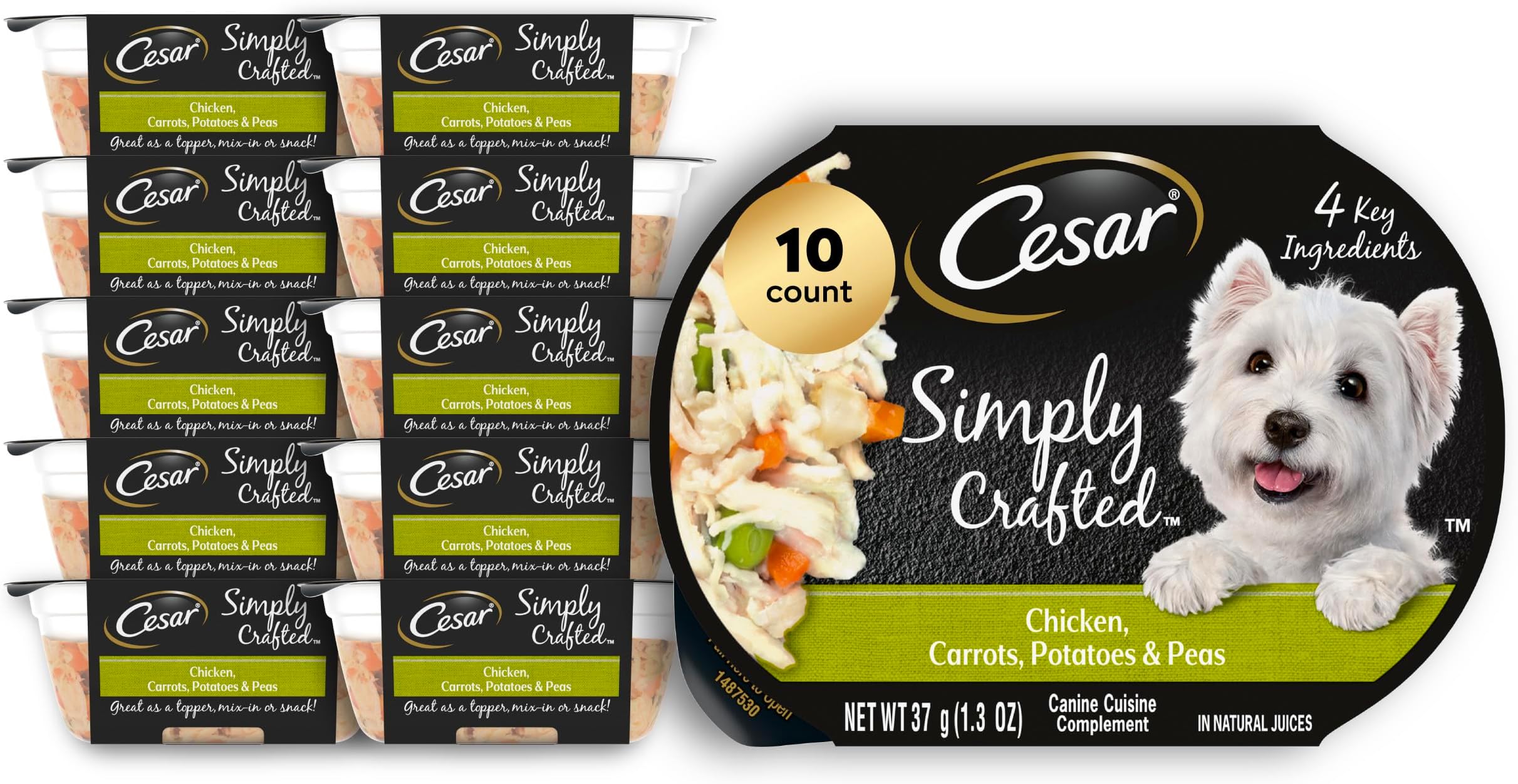 Simply Crafted Adult Wet Dog Food Toppers for Dry Food, Chicken, Carrots, Potatoes & Peas, 1.3 oz Tubs, 10 Count