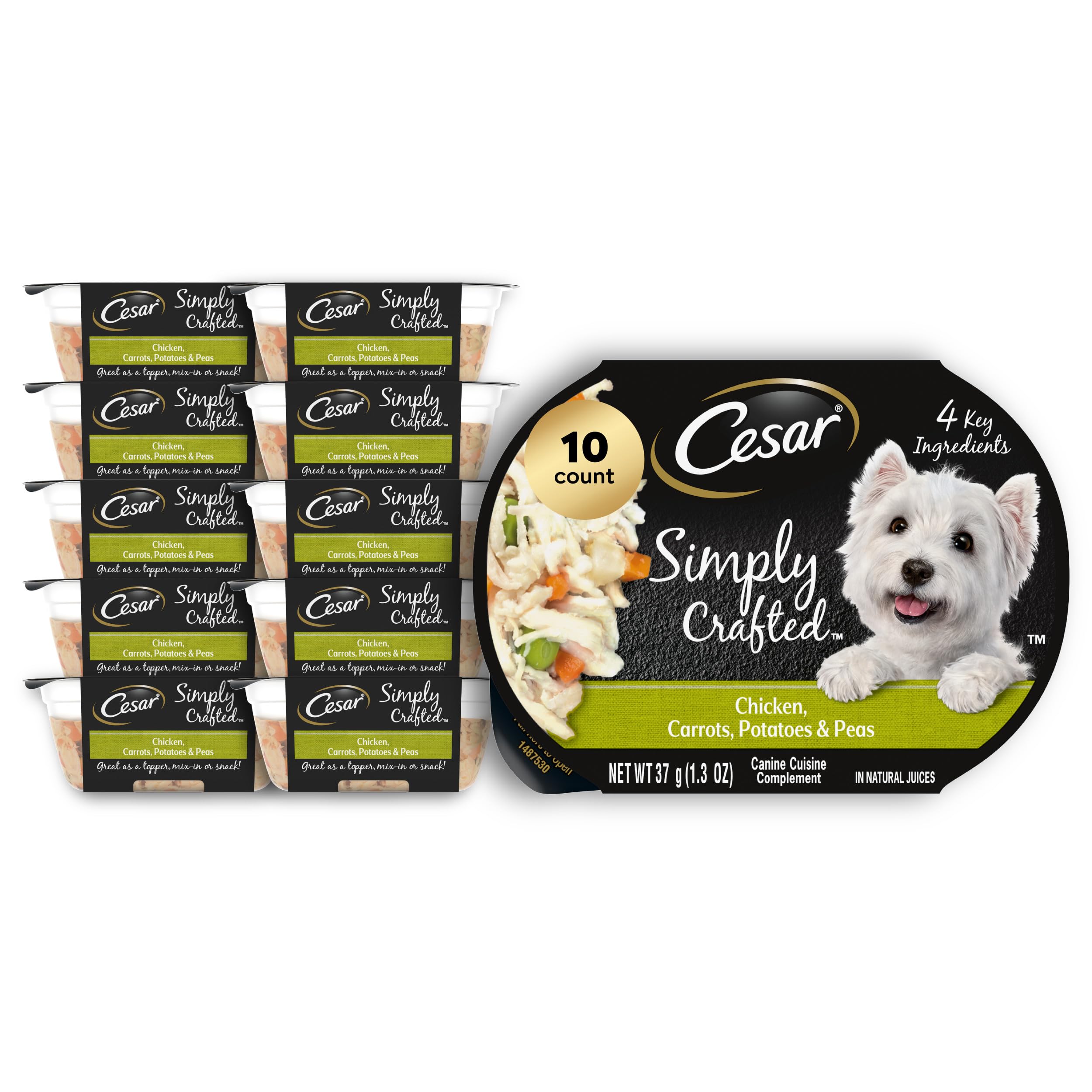 Simply Crafted Adult Wet Dog Food Toppers for Dry Food, Chicken, Carrots, Potatoes & Peas, 1.3 oz Tubs, 10 Count