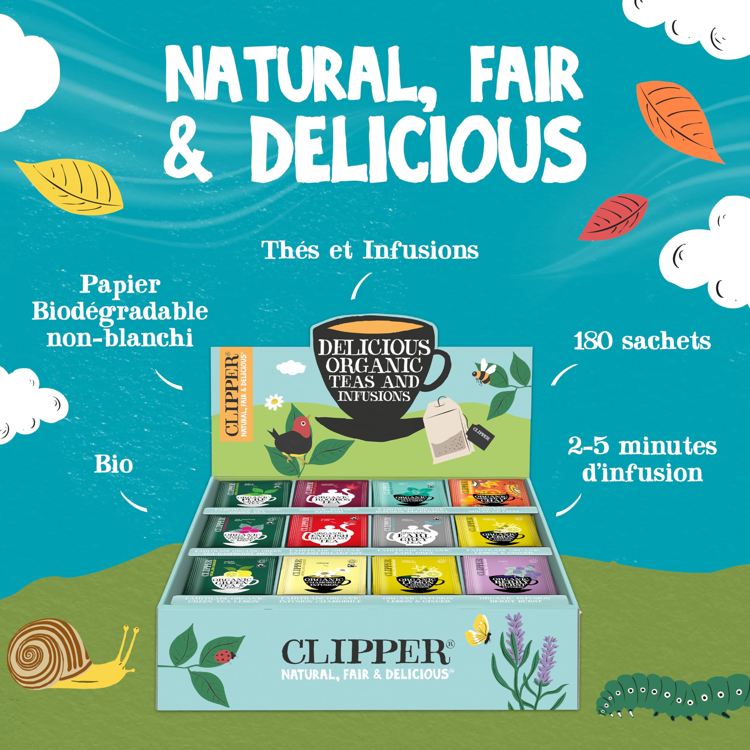 CLIPPER – Coffret Découverte Thés et Infusions Bio Assortis – 180 Sachets Non Blanchis – Grand Format Dégustation – Idée Cadeau - Restauration - 374 g