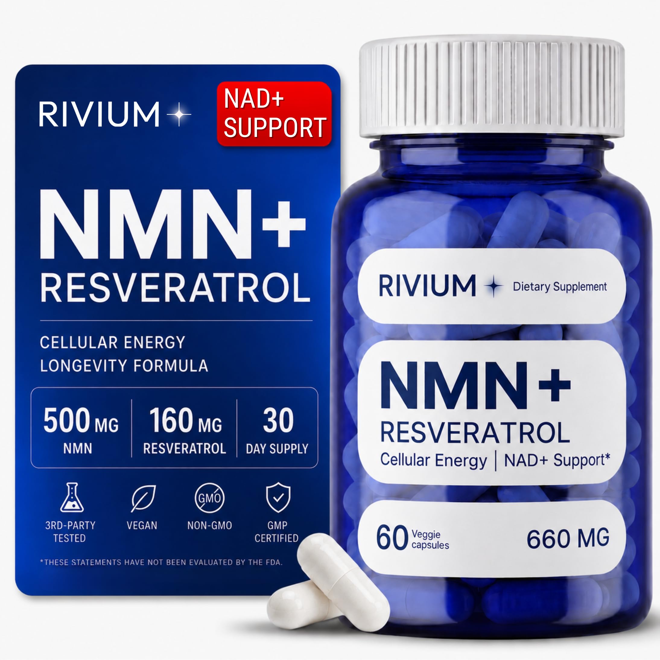 NMN & Resveratrol Supplement – NAD+ Support Capsules for Cellular Energy, Longevity & Everyday Wellness – 60 Vegan Capsules, Non-GMO