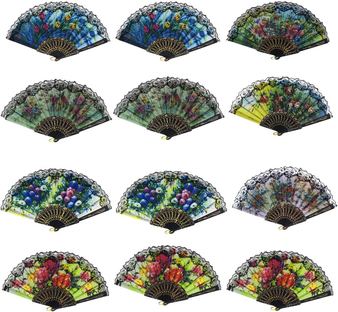 Plastic Ribs Flower Pattern Lace Trim Party Dancing Folding Fan 12pcs (id: 002 a92 837 1ac 807