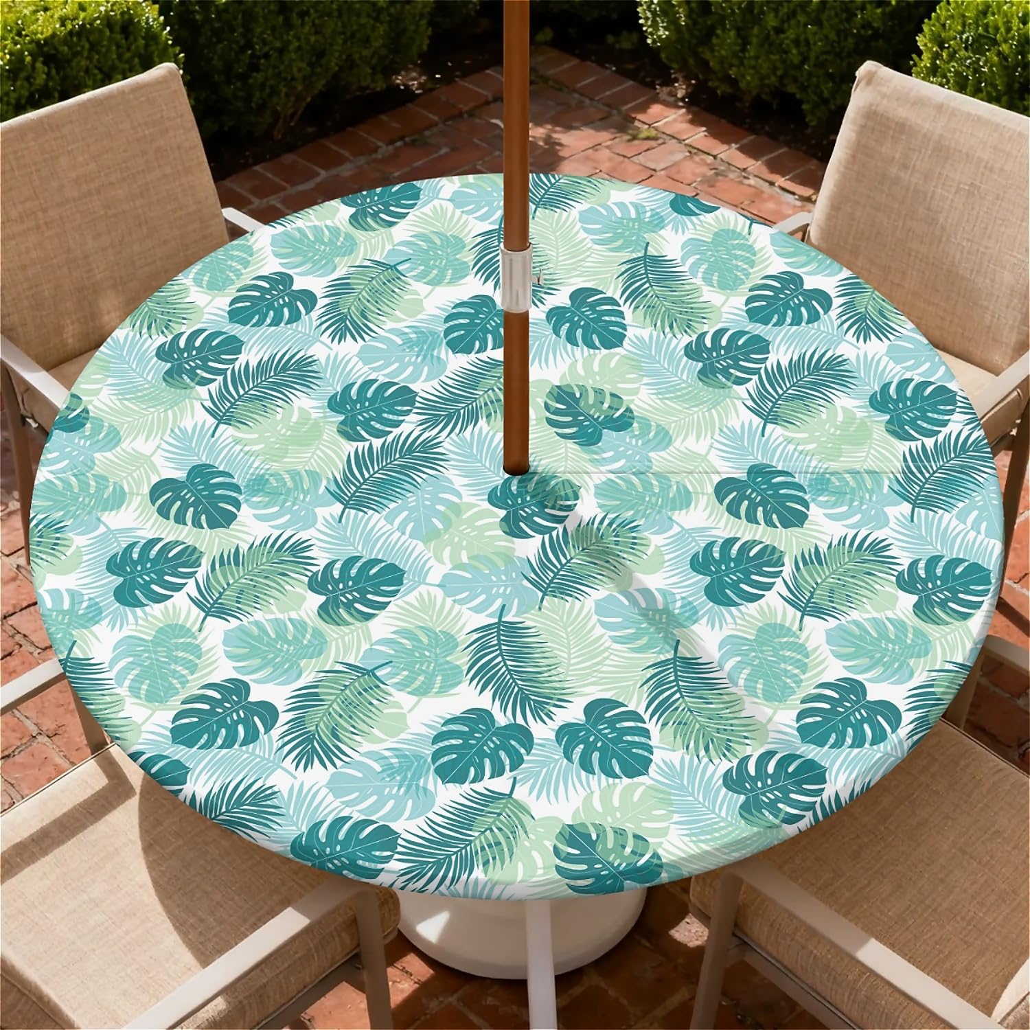ARTSGOO Round Outdoor Tablecloth with Parasol Hole 90cm/36in, Palm Leaves Wipeable Waterproof Elastic Edge Fitted Table Cover for Patio, Garden & Terrace Dining – Durable Non-Woven Fabric