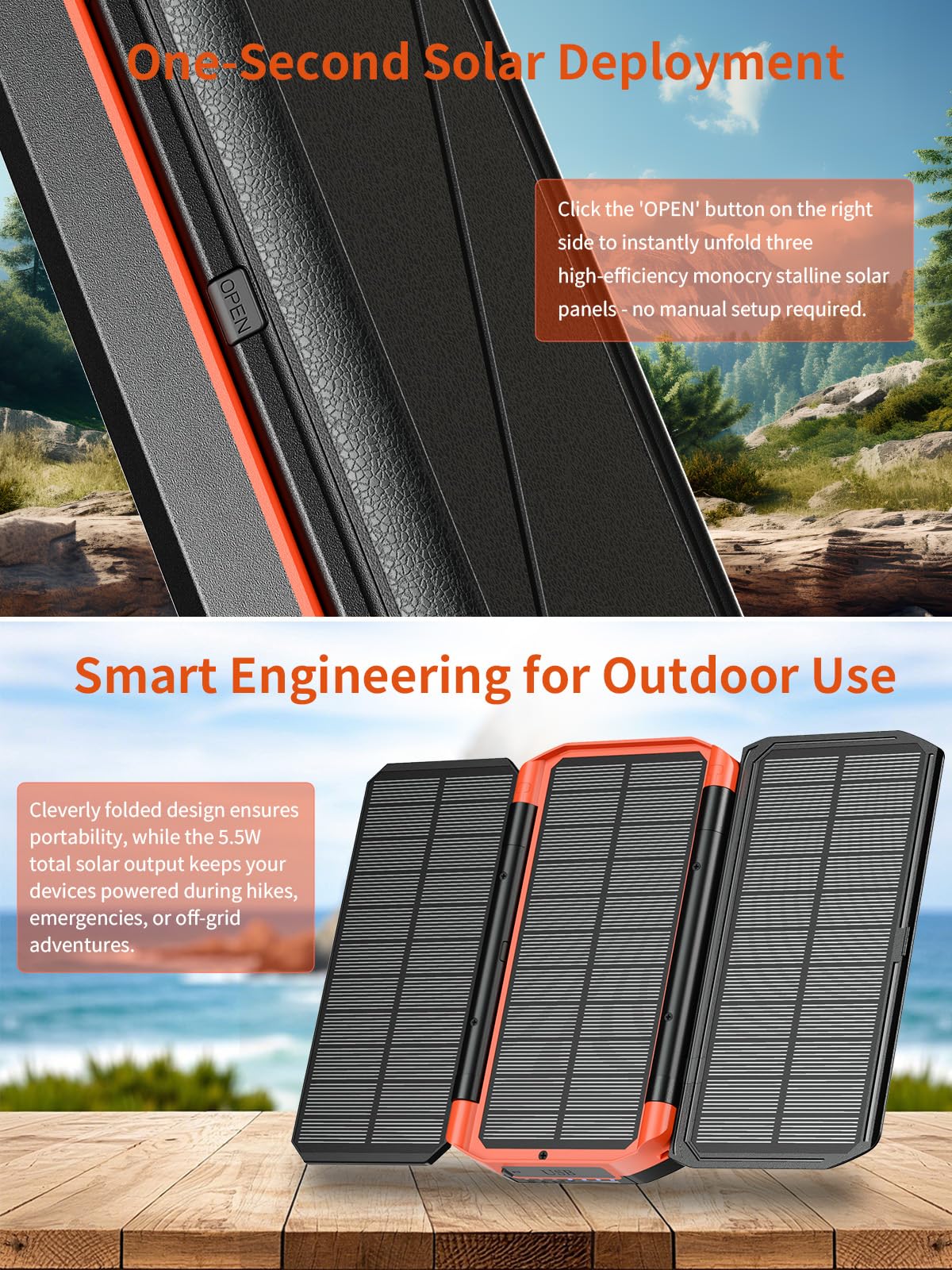 63200mAh Solar Power Bank Ricarica Rapida,15W Ricarica Wireless | 30W PD 3.0 A USB C Powerbank con 2 Cavi, 5 Uscita & 2 Ingresso, Spie luminose a LED, Torcia, Caricatore Portatile