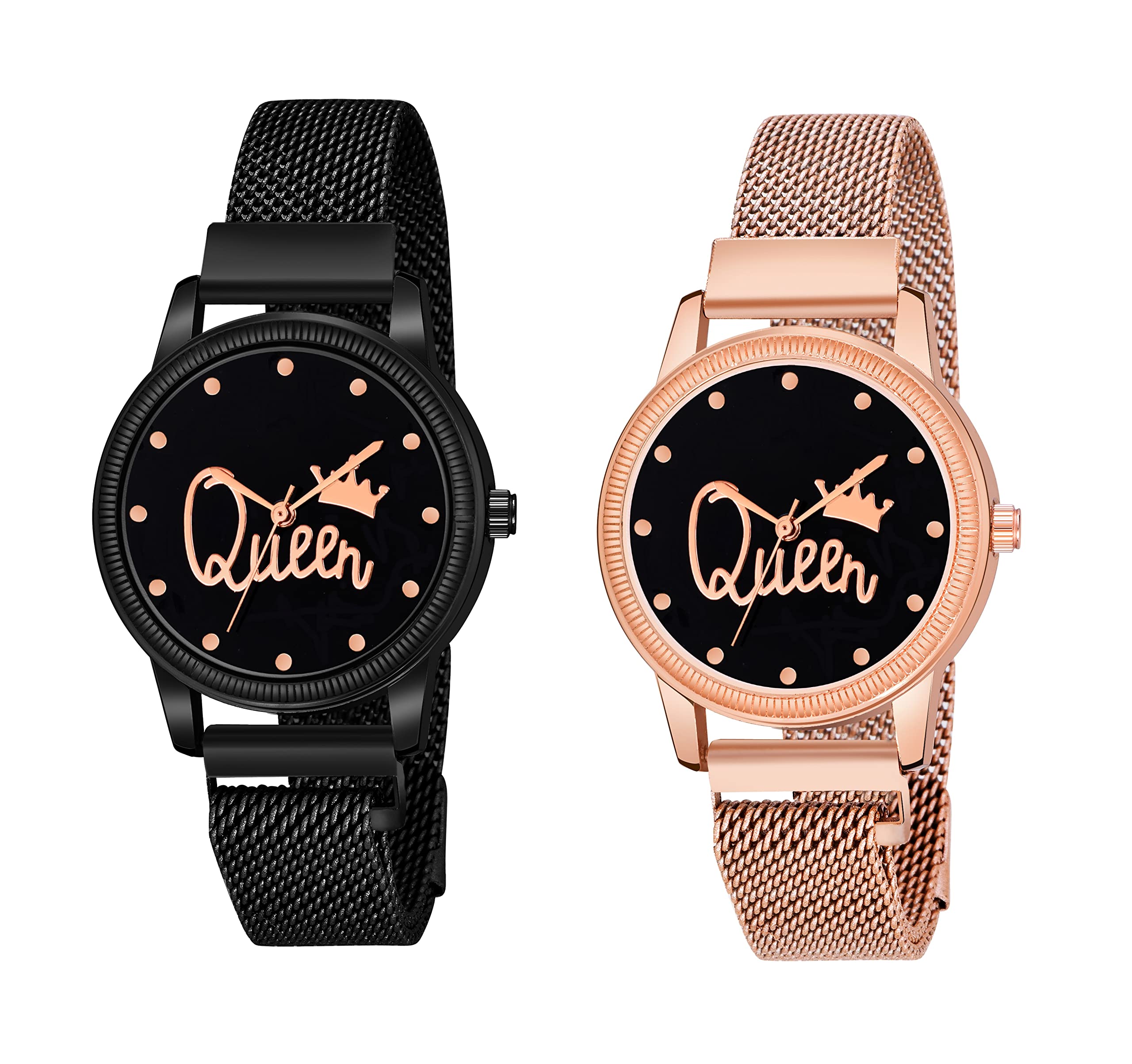KIARVI GALLERY Black and Gold Queen Dial Designer with Magnetic Metal Strap Analog Watch for Girls and Women (Pack of 2) (B09B5D9C1J) Amazon Price History, Amazon Price Tracker