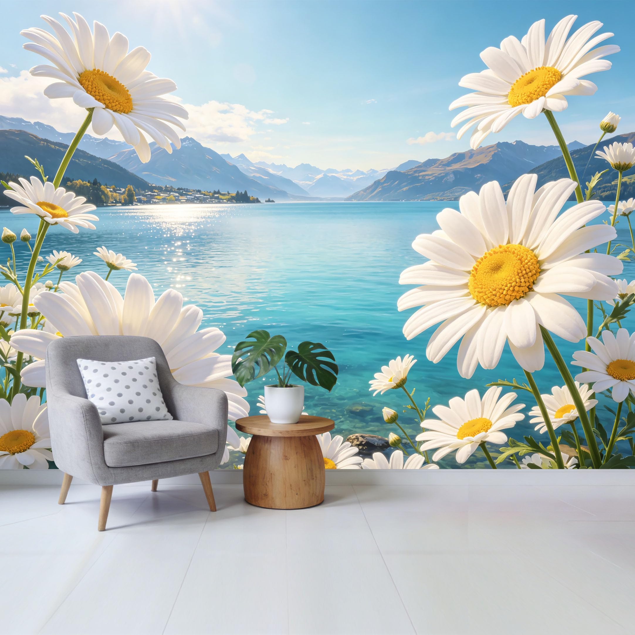 Qzlithotic Yq2605250372 Custom Size Wall Mural White Daisy Flower Scenic Mountain Lake View Botanical Landscape Selfadhesive Wall Fabric Removable Wallpaper For Home Office Decor