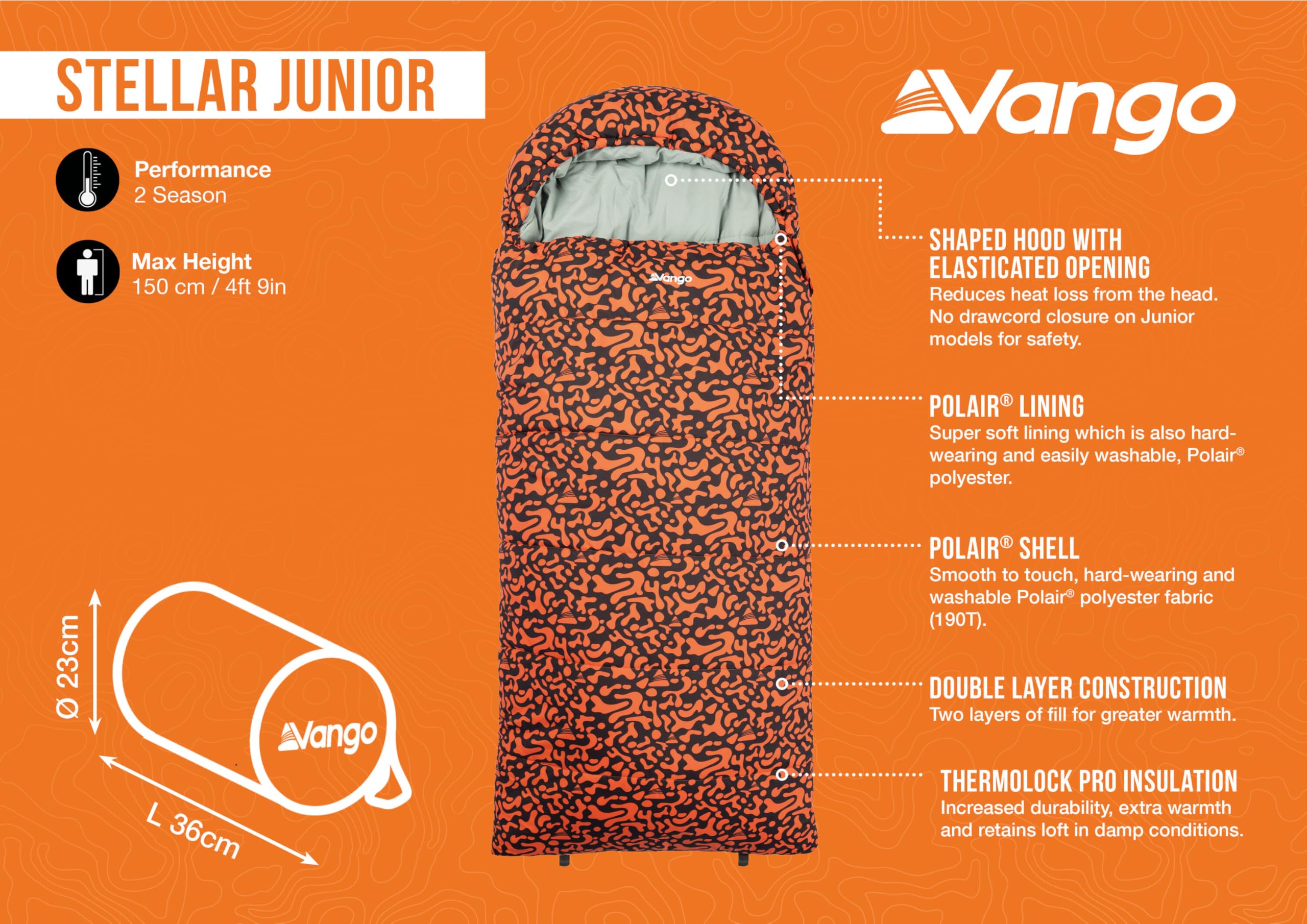 Vango Stellar Junior-Schlafsack mit geformter Kapuze, isoliert, weiches, glattes Polair-Futter und Schale, Reißverschlussschutz, doppellagige Konstruktion für zusätzliche Wärme, ideal für Kinder