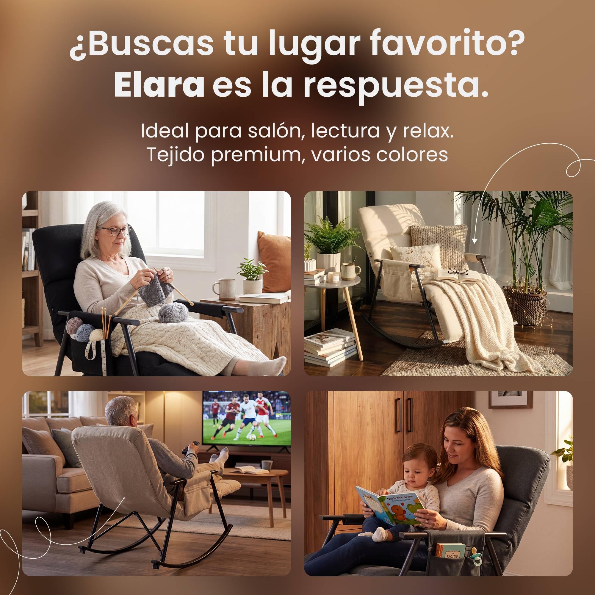 CLP Sillon mecedor Acolchado Elara con reposapies, Respaldo reclinable y Bolsillo Lateral, Apto para Lactancia Color:Negro;Material:Tela