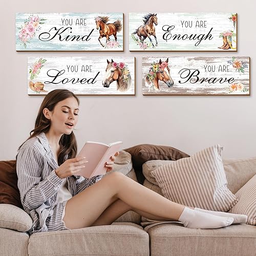 Miniatura 4 de Thrist Decoración de pared con temática de caballo de vaquera, 4 piezas de madera inspiradora de vaquera, arte de pared de caballo, pintura amada