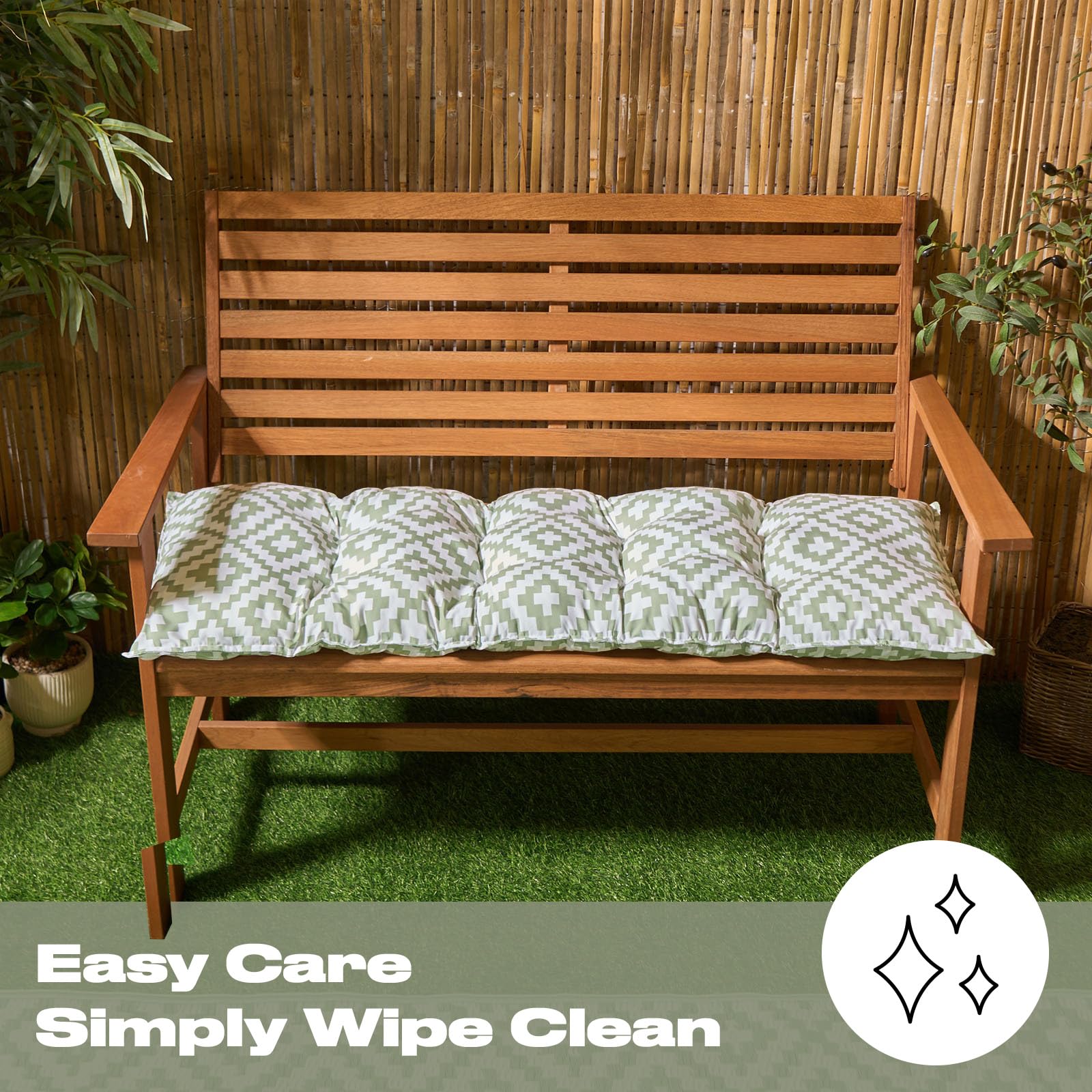 OHS 2 Seater Garden Bench Cushion Geometric Print Bench Seat Pad, Super Soft Comfortable Waterproof Outdoor Seat Cushions For Patio Furniture or Dining, Sage-110x40cm — view 2