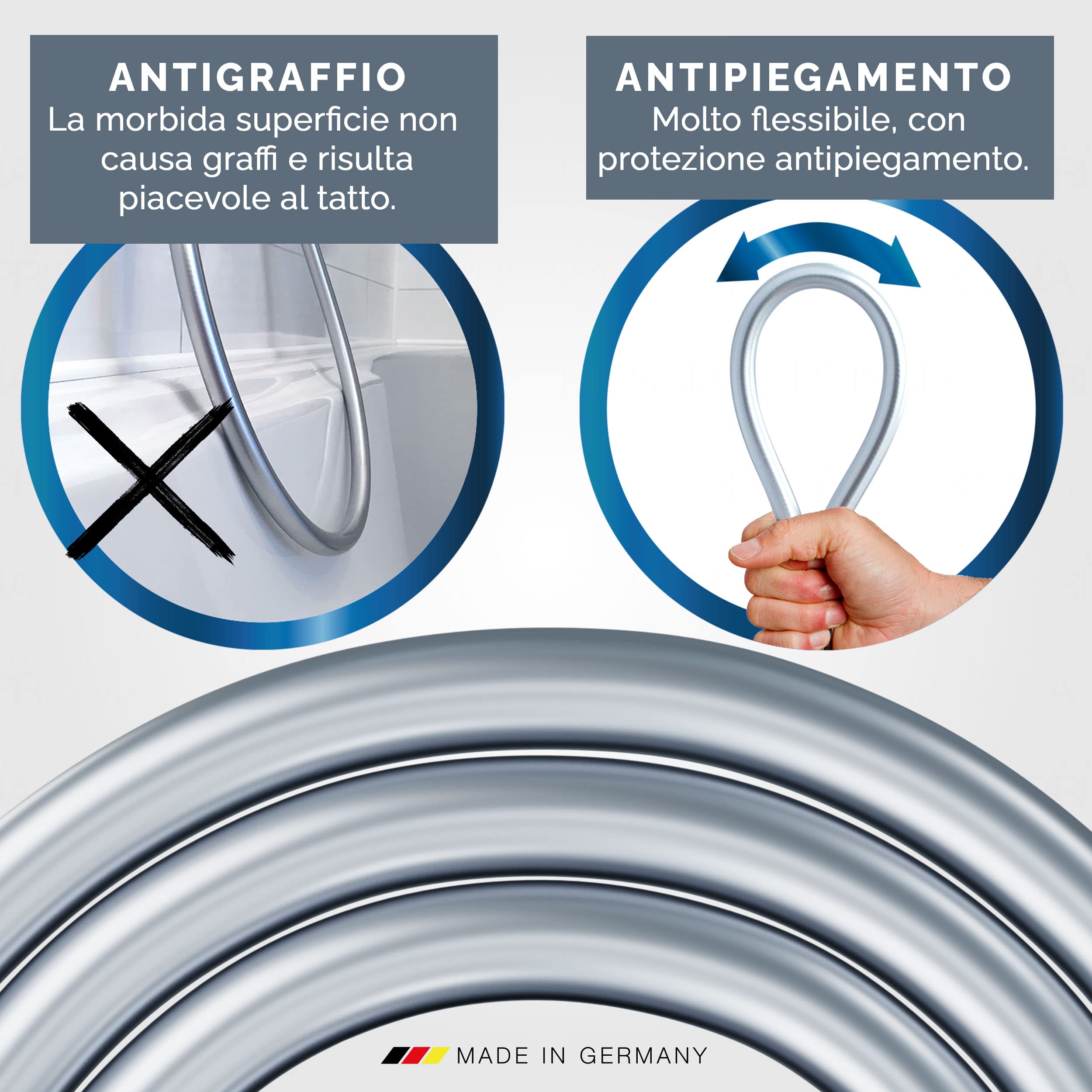 PRISMA tubo doccia 200cm MADE IN GERMANY con doppia protezione antitorsione. Tubo doccia Estremamente flessibile, a prova di torsione, con protezione antipiega.