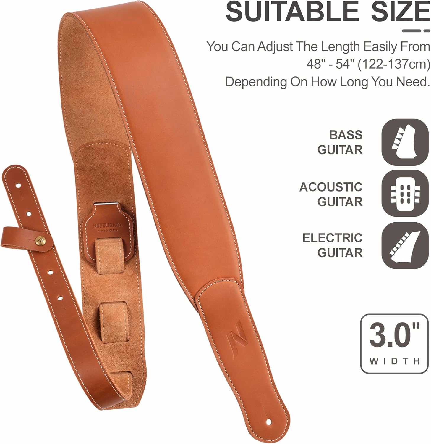 Nefelibata 3-Inch Guitar Strap, Full Grain Leather with Foam Padding and Cable Organizer Loop for Kids, Men and Women for Acoustic, Bass and Electric Guitar(Brown)