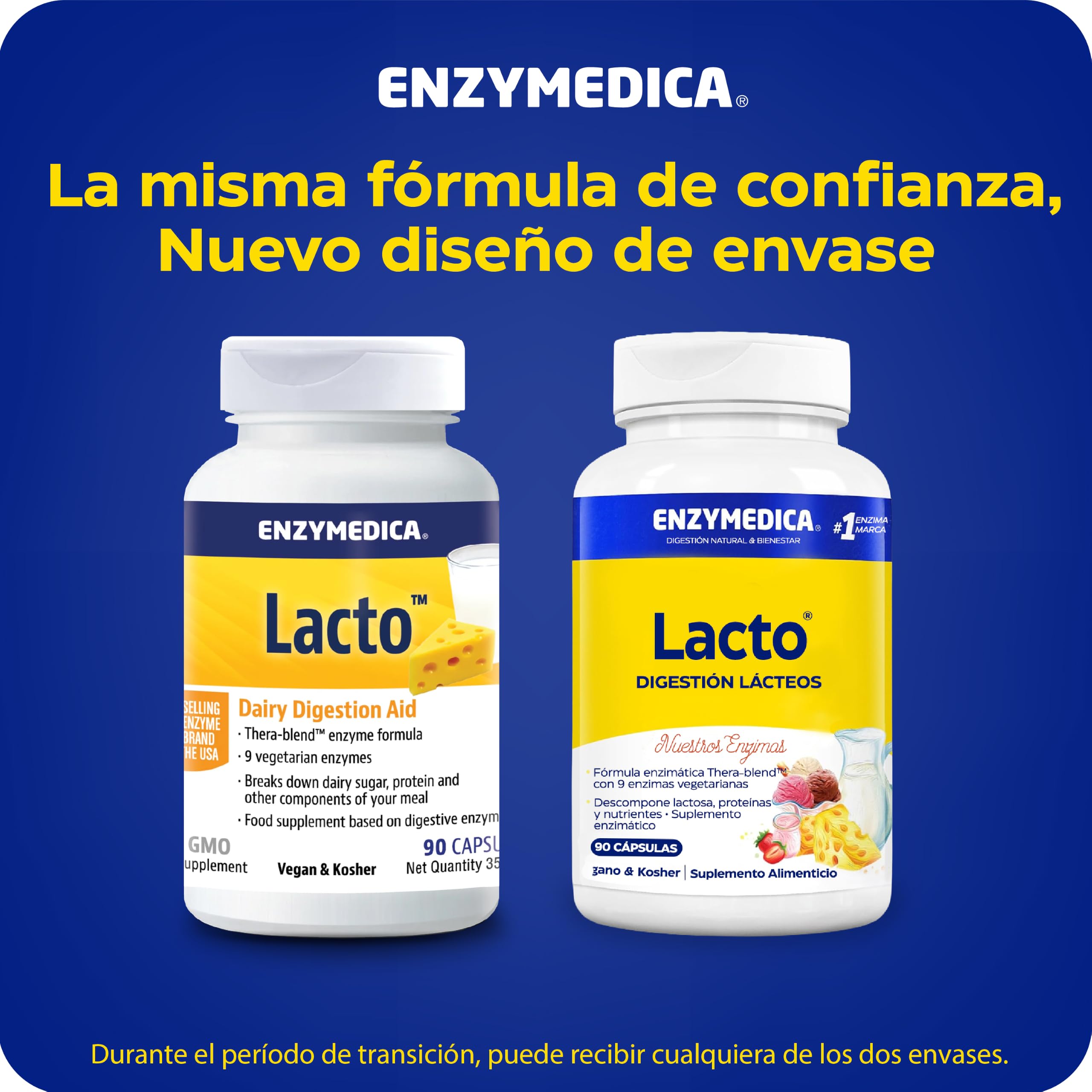 Enzymedica, Lacto, Fórmula Enzimática de Acción Rápida para la Intolerancia a Lactosa y a Caseína, contra la Contaminación Cruzada, Sin Gluten, Vegana, 90 Cápsulas