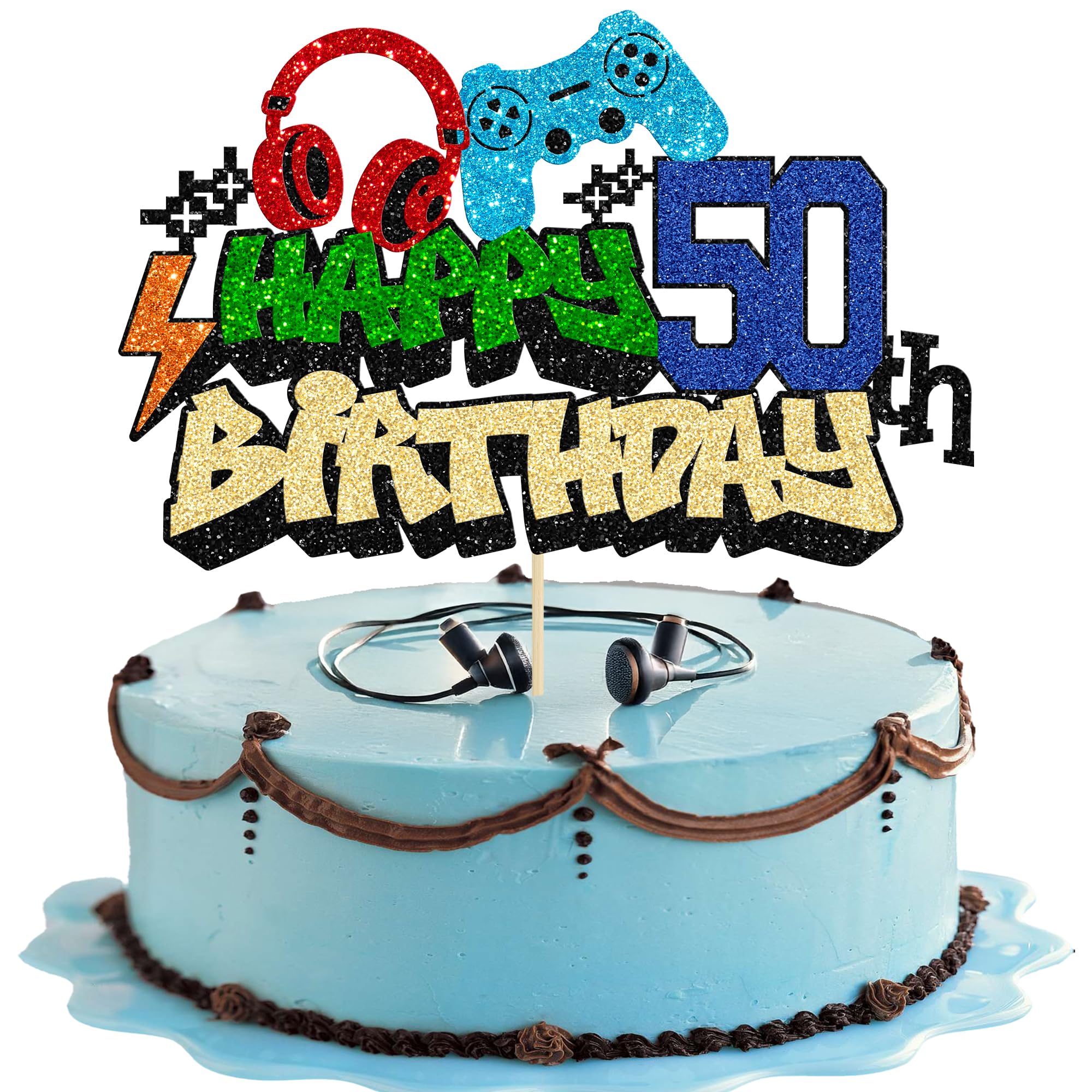 Gyufise 1Pcs Happy 50th Birthday Cake Topper Glitter Video Game Cake Pick Game On Controllers Eighteen Cheers to 18 Years Cake Decoration for Game Theme Happy 50th Birthday Party Supplies