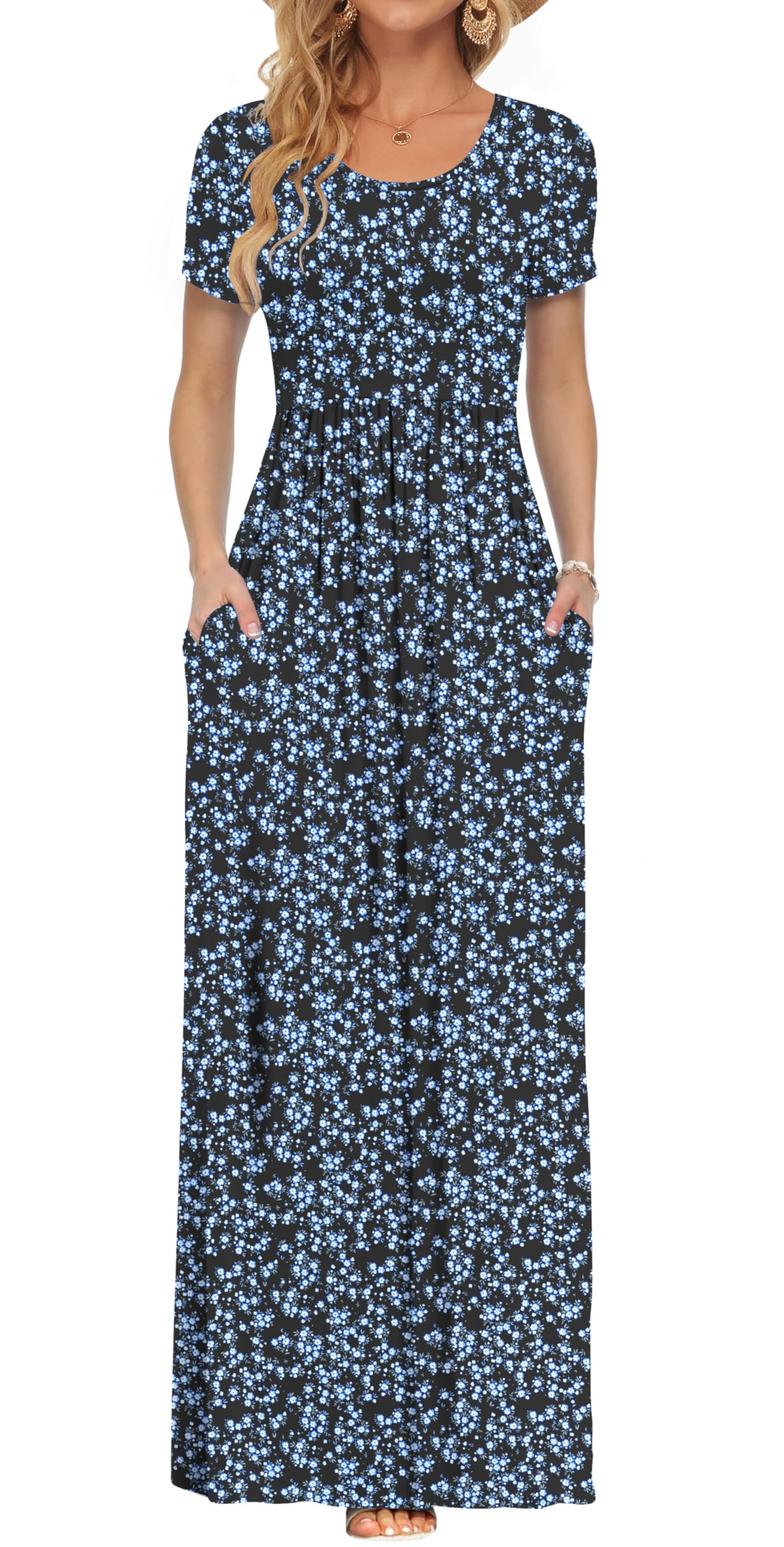 AUSELILY Women's Summer Short Sleeve Loose Plain Casual Long Maxi Dresses | Year Round wear solid floral print, Casual wear, Empire waist, Floor length, Side pockets