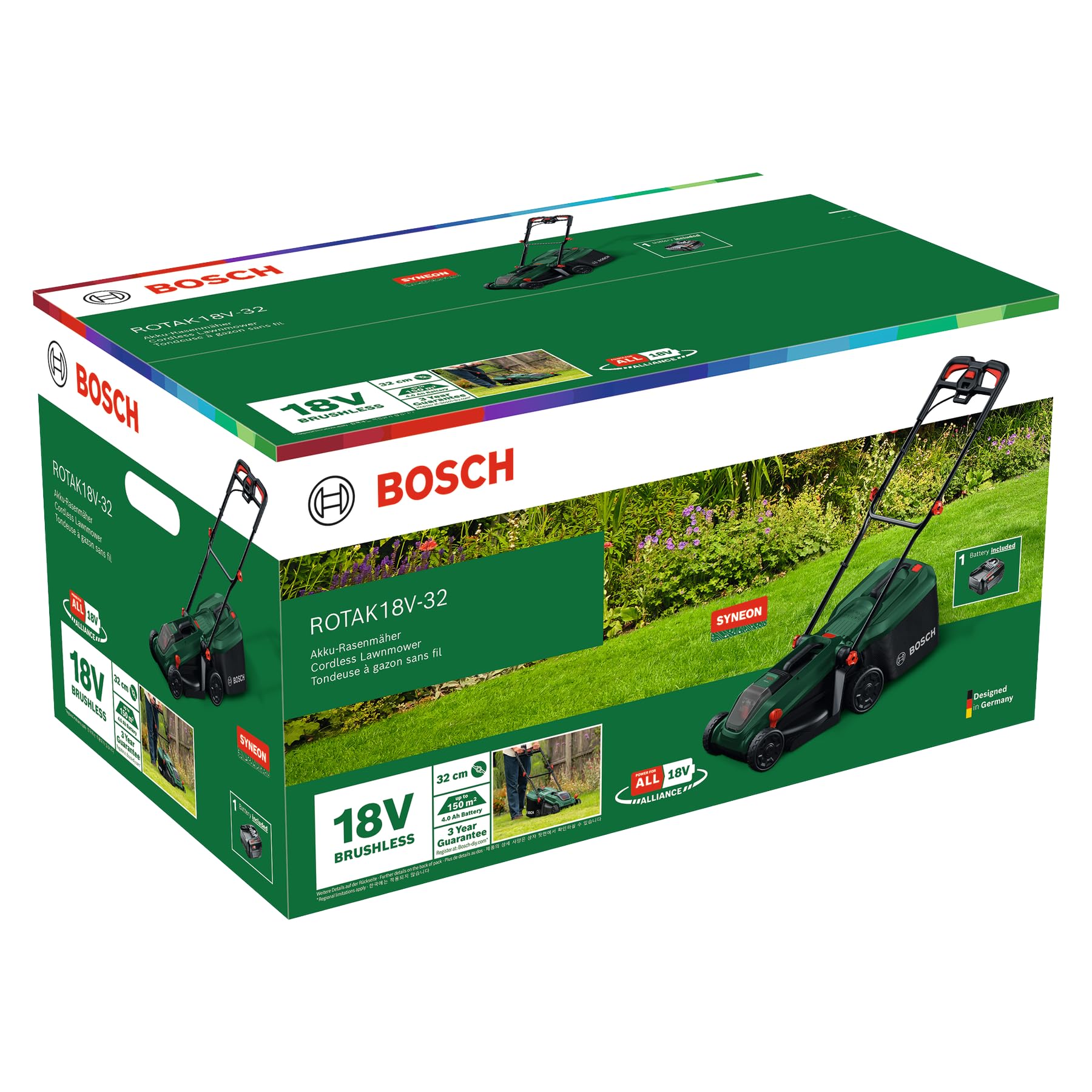 Bosch ROTAK18V-32 Cortacésped de batería (Ancho de Corte: 32 cm, Altura de Corte: 25-65 mm, Bolsa de Tela de 35 l, tapón de mantillo, Incluye batería y Cargador)