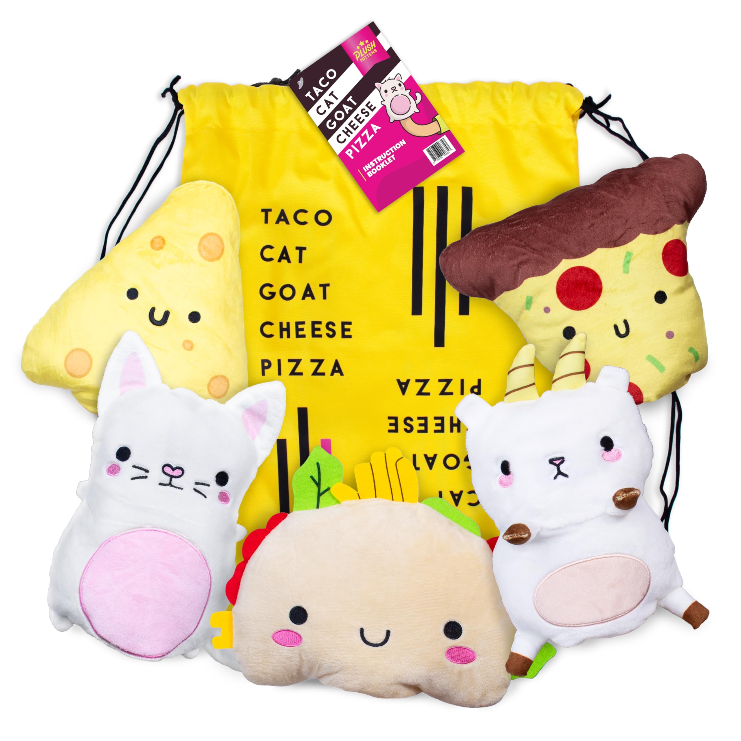 Taco Cat Goat Cheese Pizza Wildly Entertaining Plush Mittens Set | Official Game Accessories Bundle 5 Character Plush Mittens, 1 Drawstring Bag, and Instructions | Kids Birthday Gift | Ages 8+