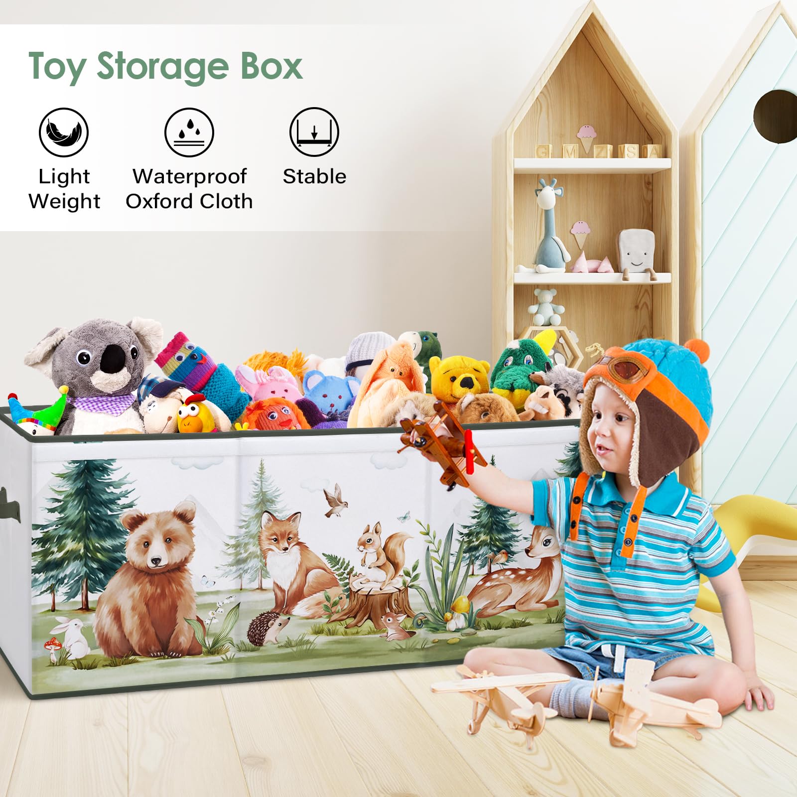 Scatola di Giocattoli Large con Coperchio Ribalta per Bambini, Contenitore Porta Giochi Pieghevole Oxford, Baule Portagiochi Impermeabile Robusto per Ragazze Ragazzi, 96×32×40cm (Animali Invernali)