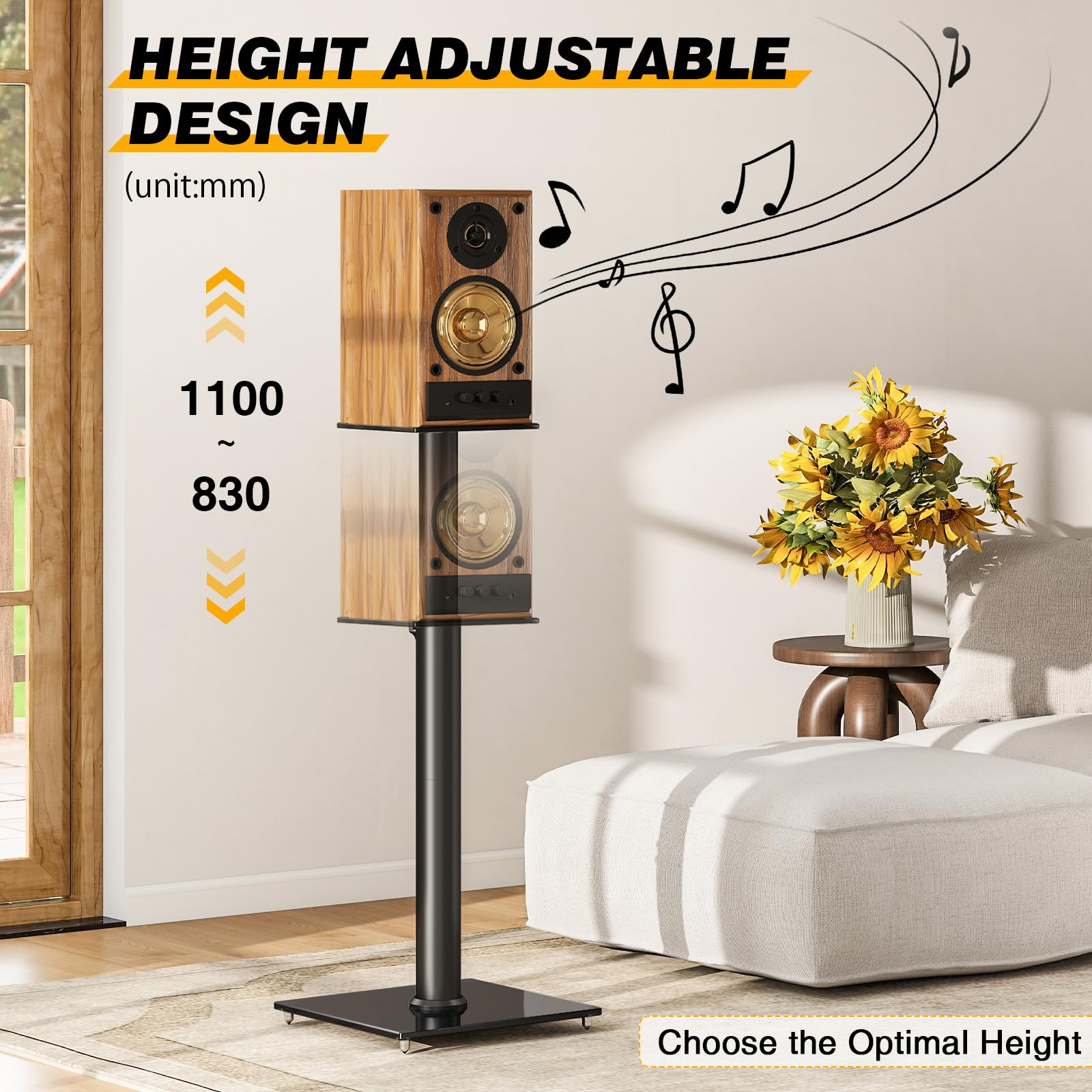 5Rcom Lot de 2 supports de haut-parleur universels pour son surround - Hauteur réglable de 830 mm à 1100 mm chacun - Capacité de 5 kg - Gestion des câbles - Assemblage facile - Noir