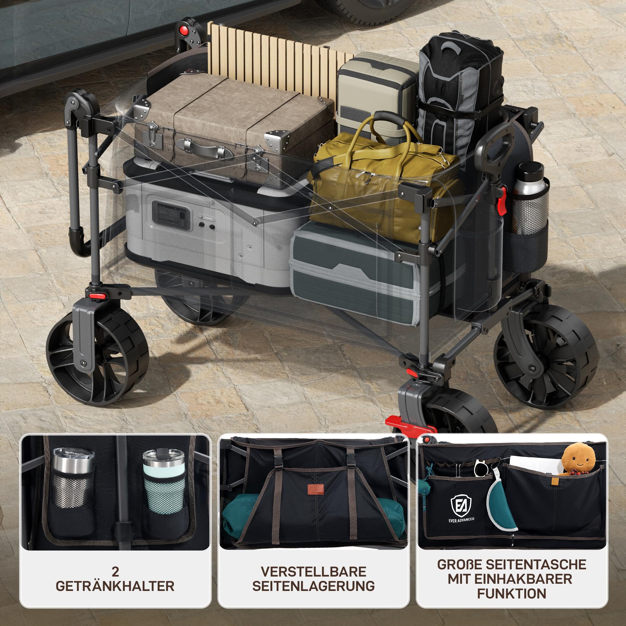 EVER ADVANCED XXL Bollerwagen faltbar 225L bis 150kg mit Bremse Dach Handwagen schieben&ziehen klappbar Strandwagen 20 * 8cm breite Räder Faltwagen für Camping Strand Einkauf Tier Schwarz Groß