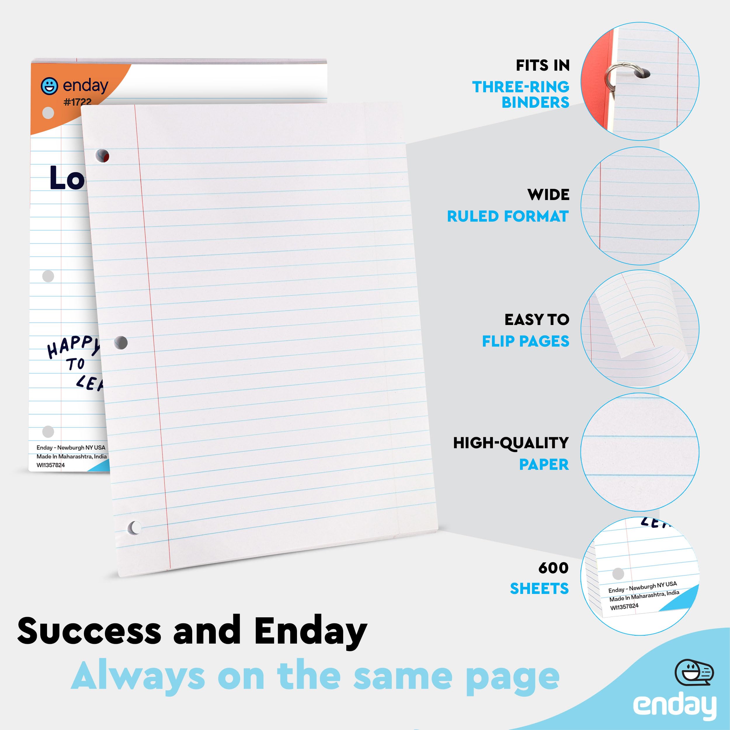 Loseblatt-Papier, breit liniert, 20,3 x 26,7 cm, Füllpapier, weiß, 3-fach gelochtes Ordnerpapier für 3-Ringbinder, liniertes Papier, 150 Blatt pro Packung (4 Stück) Enday