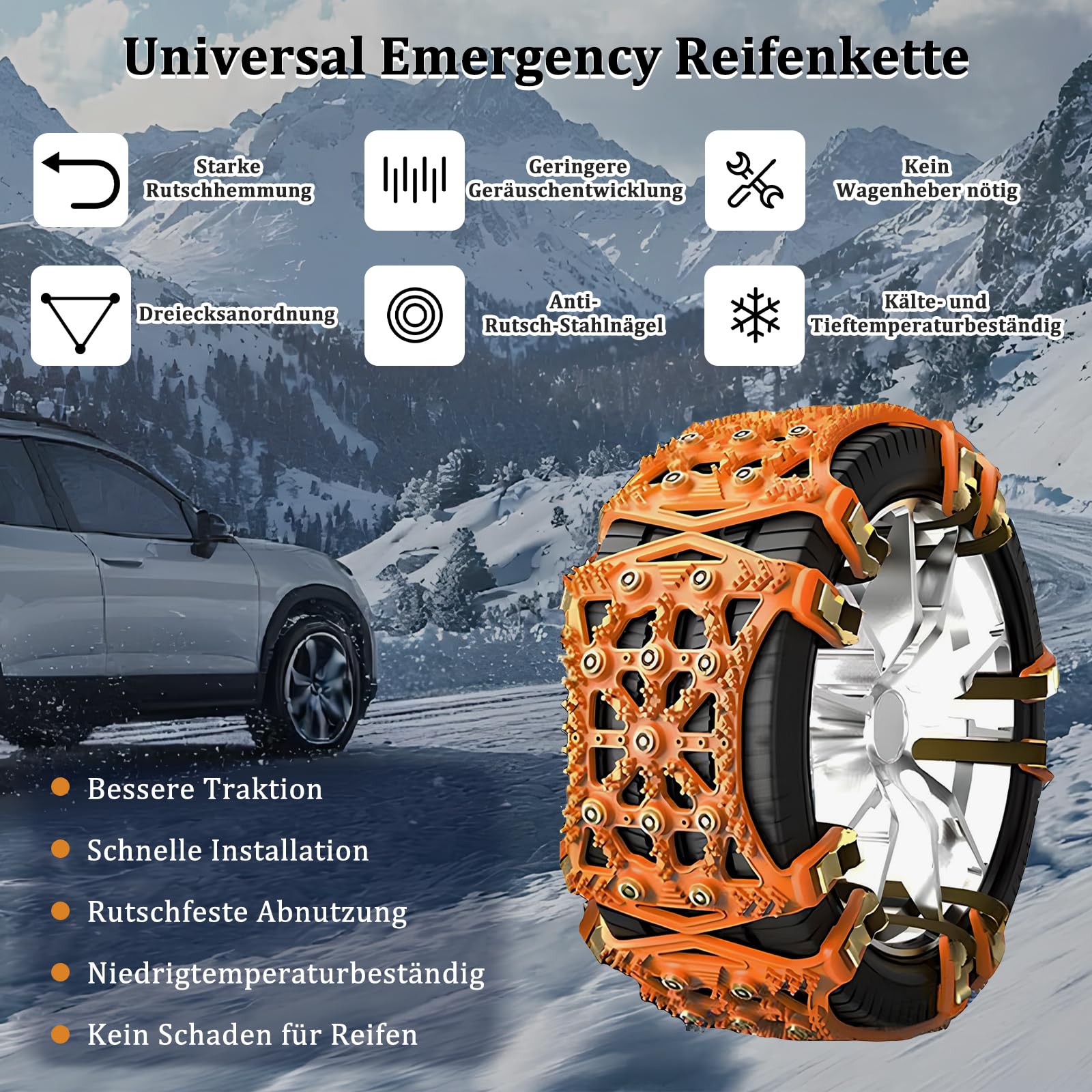 Topsky Schneeketten Auto Universal 6 Stück, Rutschfeste Notfall-Traktionsketten für Reifenbreite 165–275 mm geeignet für Pkw, SUV, MPV und Transporter, Schnellmontage in 2 Minuten