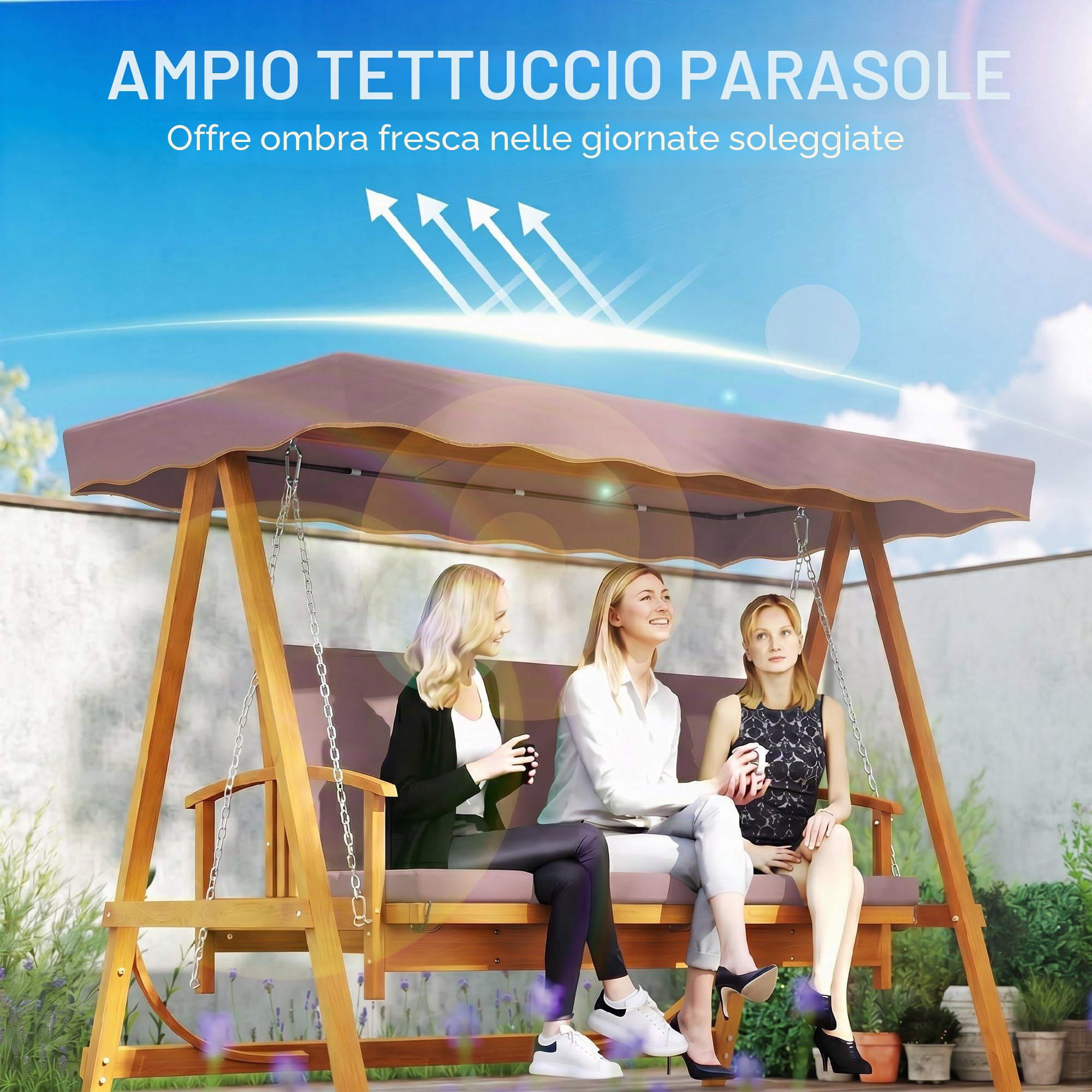 Outsunny Altalena da giardino 2 in 1 con funzione allungata, 3 posti, in legno, con tetto parasole, seduta, panca a dondolo fino a 330 kg, per giardino, terrazza, 236 x 130 x 181 cm, marrone