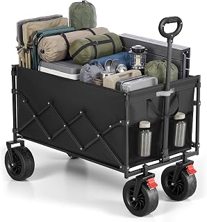 SONGMICS Festival Trolley on Wheels, Foldable Camping Cart, Pull Garden Wagon, Adjustable Handle, 4 Reinforced Wheels, Outdoor, Yard, Garden, Loads Up to 180 kg, 200 L, Ink Black GFW201B101