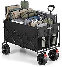 SONGMICS Festival Trolley on Wheels, Foldable Camping Cart, Pull Garden Wagon, Adjustable Handle, 4 Reinforced Wheels, Outdoor, Yard, Garden, Loads Up to 180 kg, 200 L, Ink Black GFW201B101