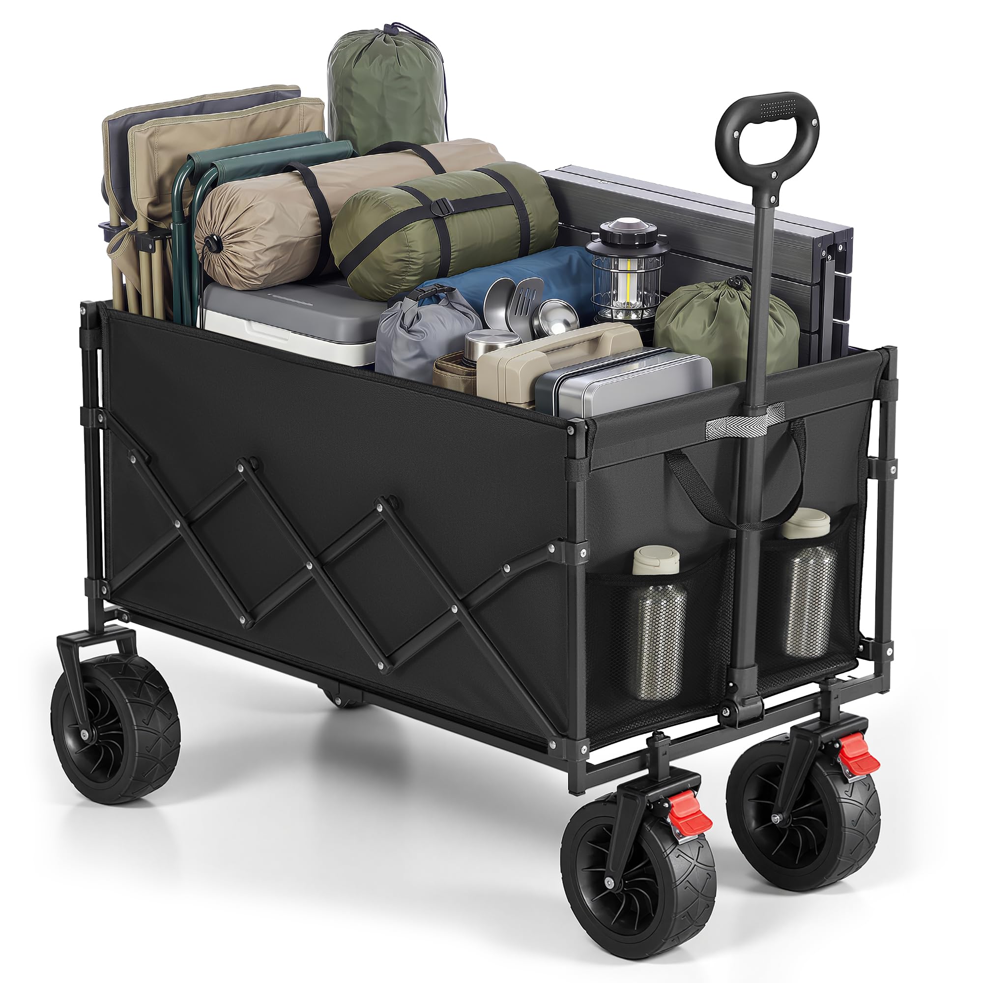 SONGMICS Festival Trolley on Wheels, Foldable Camping Cart, Pull Garden Wagon, Adjustable Handle, 4 Reinforced Wheels, Outdoor, Yard, Garden, Loads Up to 180 kg, 200 L, Ink Black GFW201B101