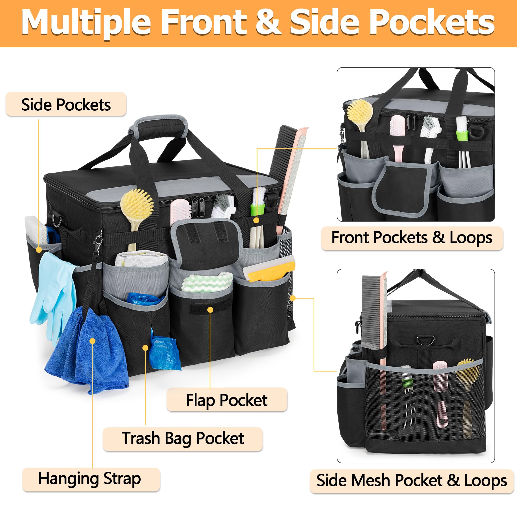 HODRANT Grande borsa per la pulizia su ruote con carrello rimovibile e coperchio, carrello organizer per la pulizia su rotelle, cuscino per la pulizia portatile con tracolla e maniglie, nero