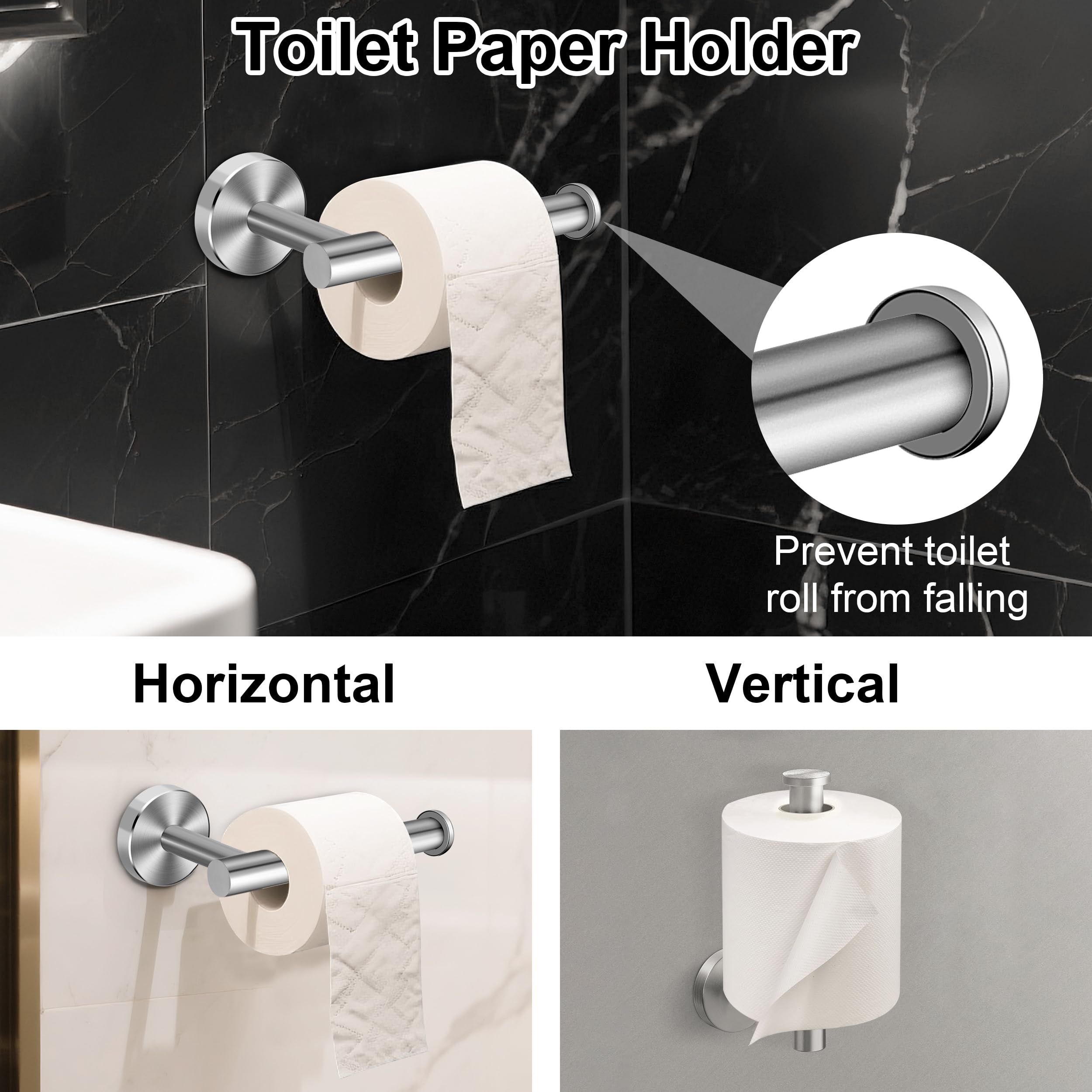 Juego de Toallero de Baño Juego de Herrajes de Baño de Acero Inoxidable Ganchos para Bata para Baño y Cocina 5 Piezas (Plata)