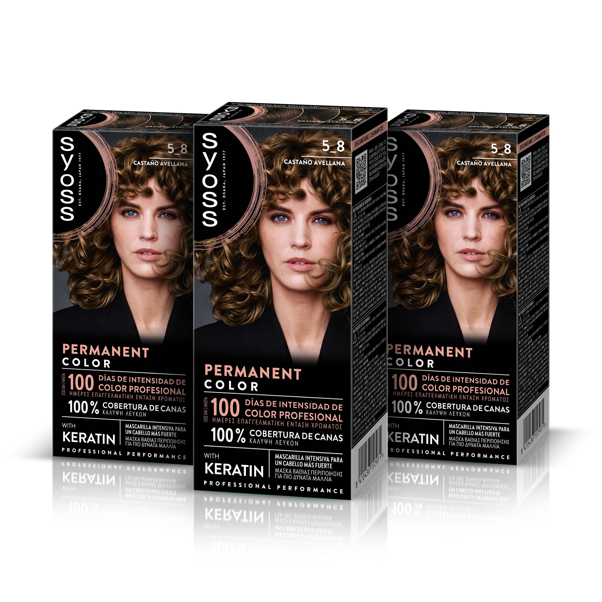 SYOSS Permanent Color 5-8 Castaño Avellana, tinte de pelo y mascarilla intensiva con keratina, para una cobertura profesional de canas, color duradero y cuidado intensivo, Pack 3