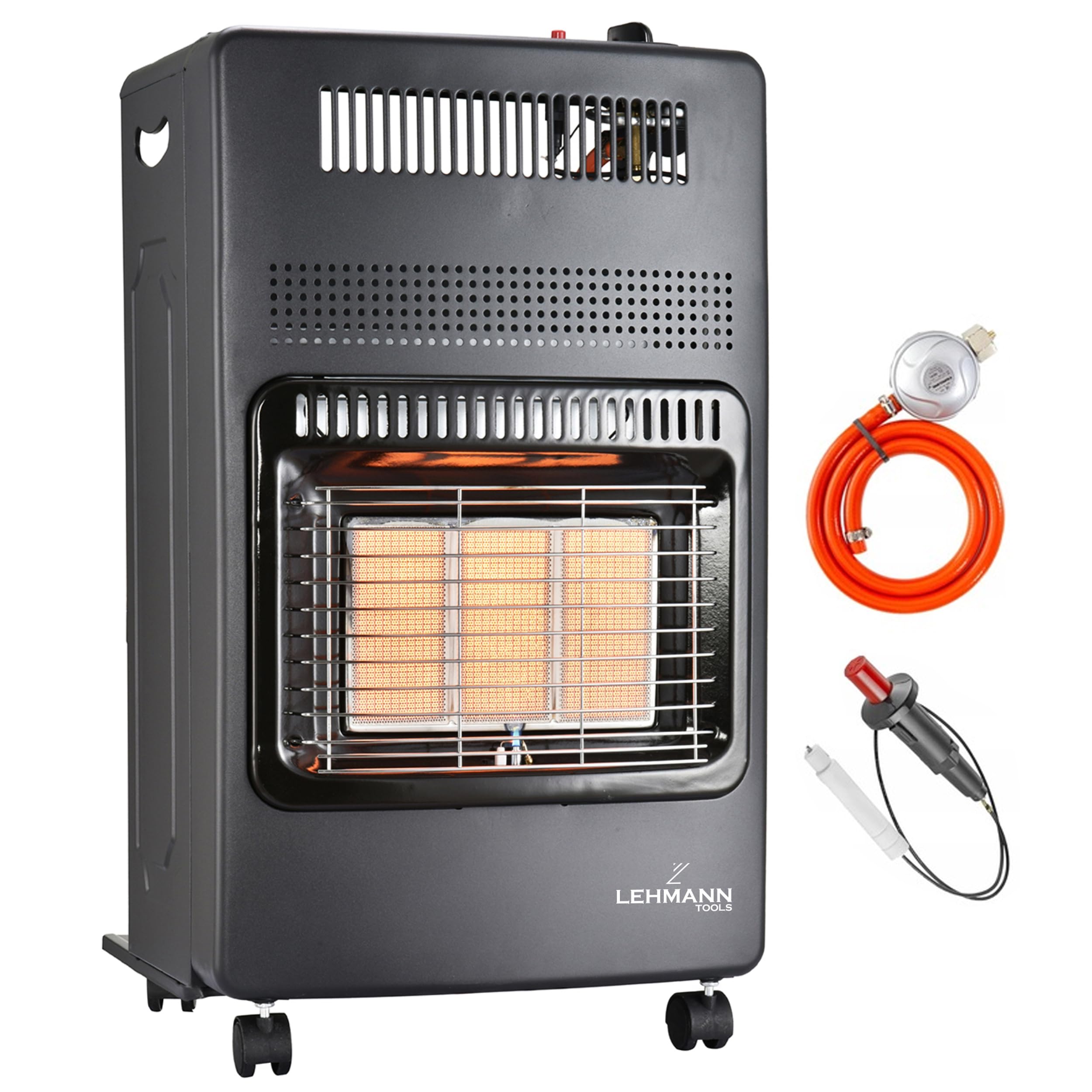 LEHMANN Poêle à gaz 4,2 kW avec 3 niveaux de chauffage, allumage piézoélectrique, arrêt de sécurité et roues, pour GPL, propane ou butane, idéal pour les environnements jusqu'à 80 m²