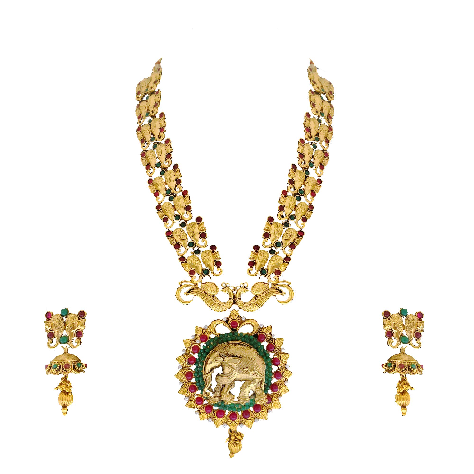 Brass Indian Traditional Temple Jewelry of Elephant Rani Necklace Set for Women, (Red)