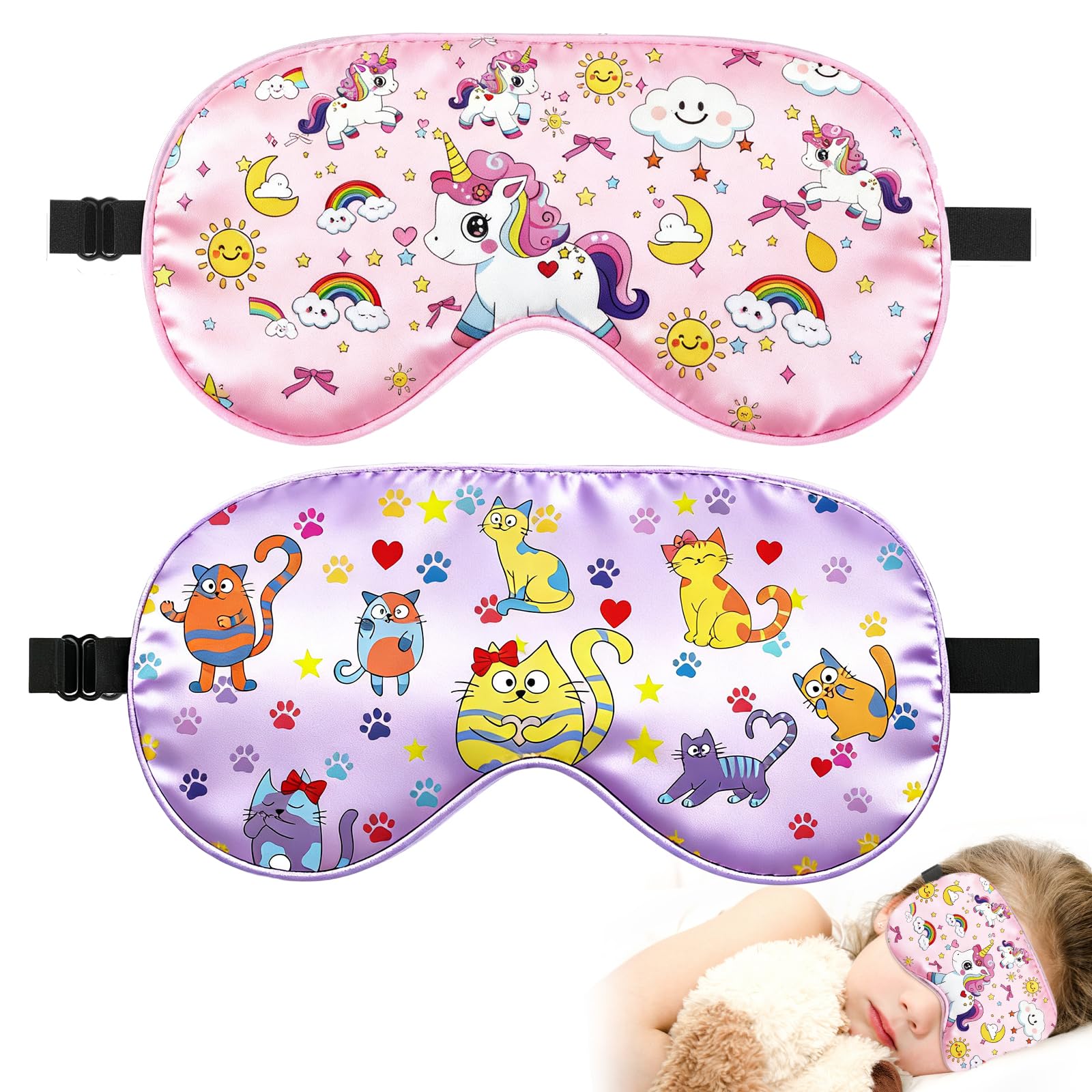 2 Pcs Sleep Mask for Kids Girls Silk Eye Covers for Sleeping Adjustable Strap Light Blocking Design Childrens