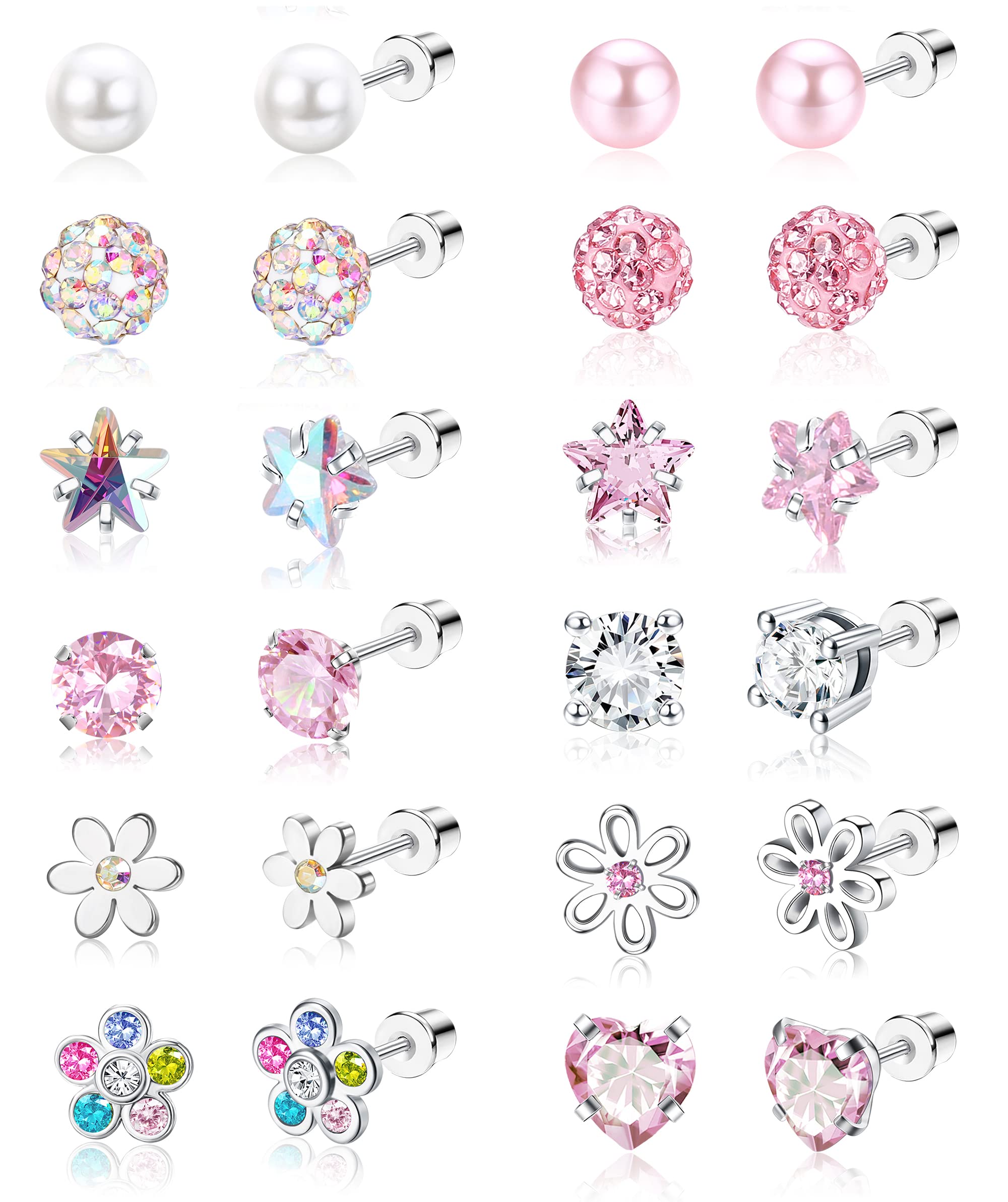 Small Earrings Set - Stainless Steel Cute Stud Earrings with Butterfly, Flower, Heart Zirconia Designs - Multicolored, Hypoallergenic, Screw Back