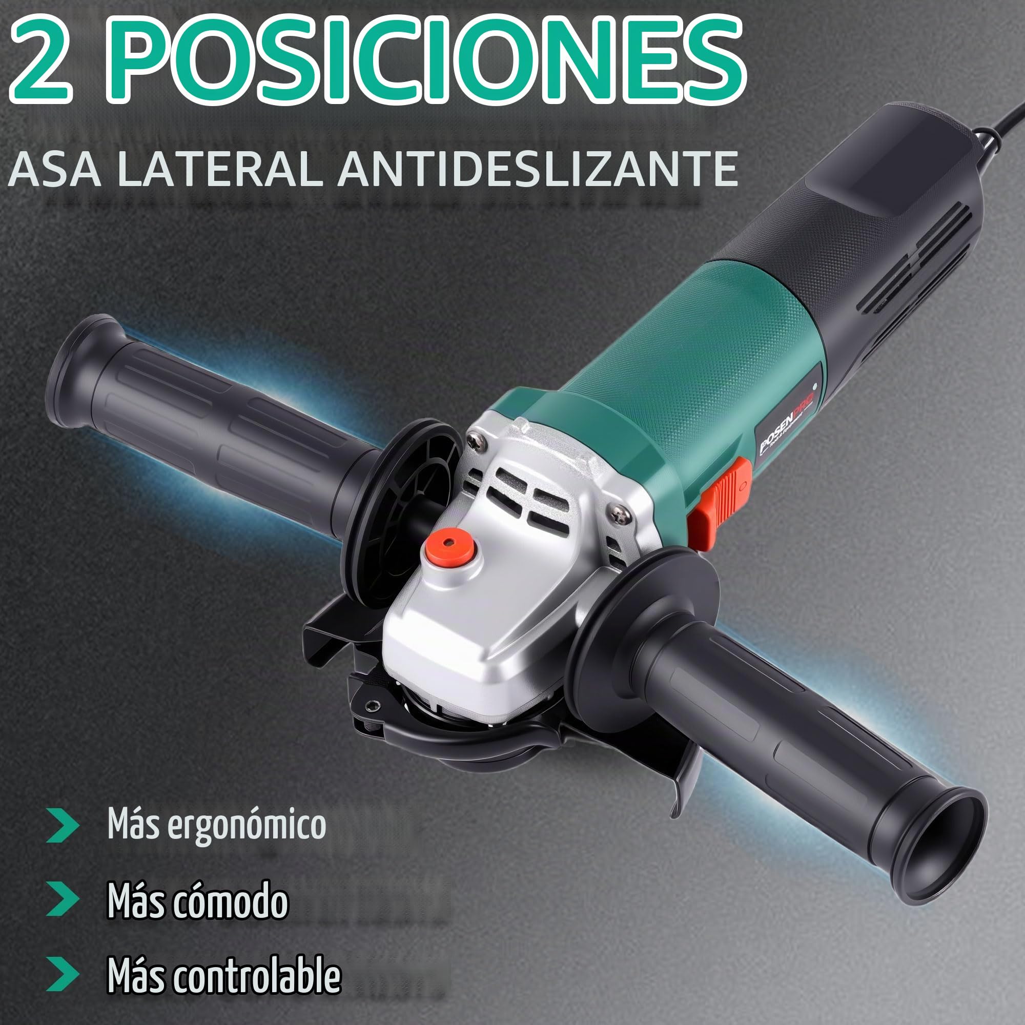 POSENPRO Amoladora Angular 1200W 125 mm, 3000-12.000 rpm, Cubierta de Liberación Rápida, Mango Auxiliar, 1,8 kg Ligera Radial para Corte y Pulir Metal, Madera, Cerámica y Piedra
