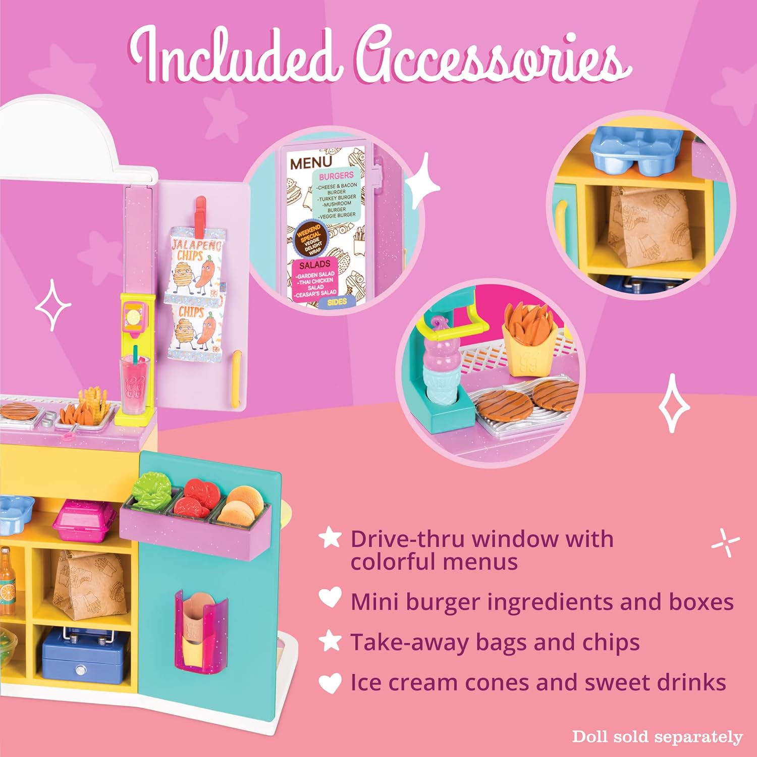 Glitter Girls– 14-Inch Doll Accessories – Drive – Thru Window Set – Deluxe Play Food & Pretend Restaurant Playset – Toys, Clothes, and Accessories – 3+ Years