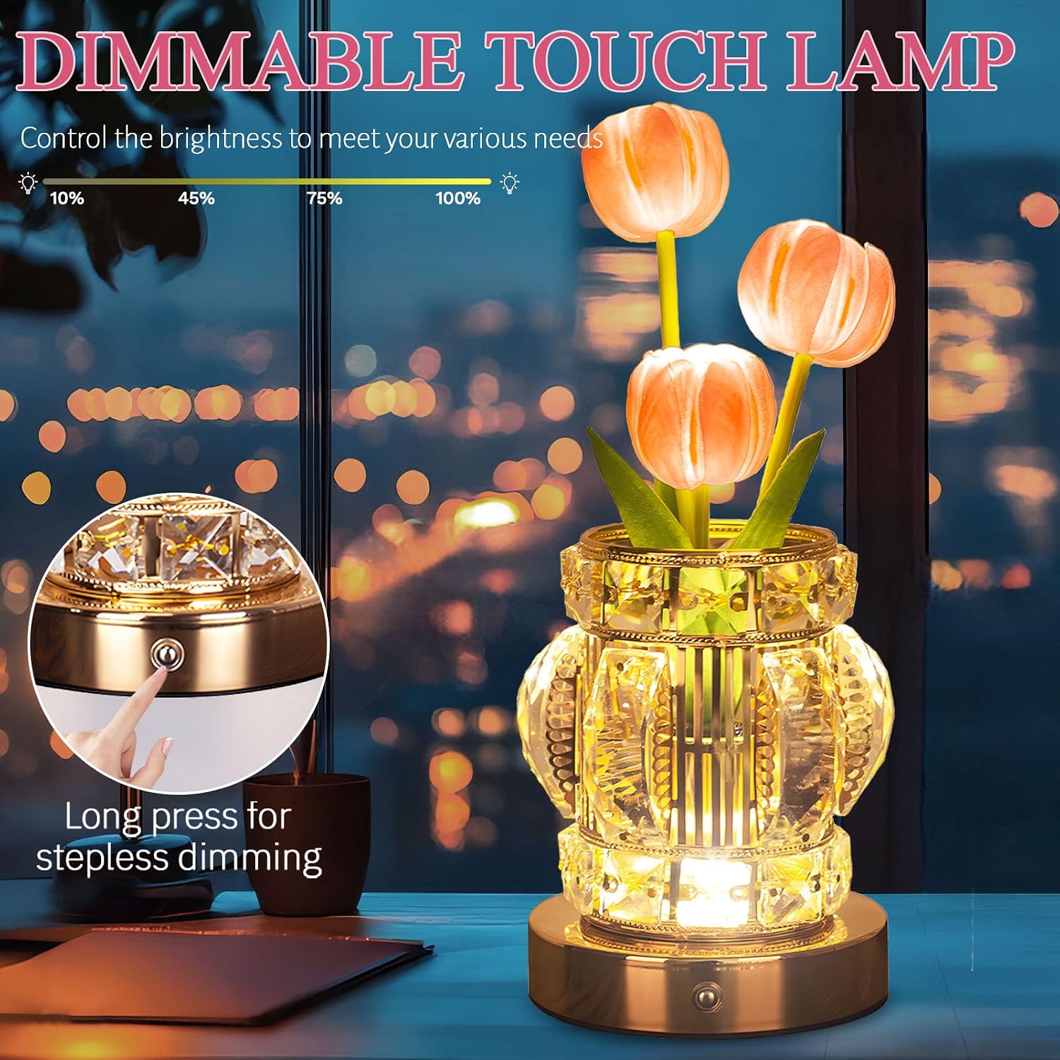 Tulip Table Lamp, Rechargeable Cordless Touch Dimming Artificial Tulip Flower Desk Lamp, LED Crystal Lamp Flower Bedside Night Light, Romantic Gifts for Girl Women Mom (Pink - Tulip)