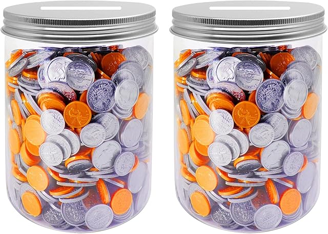 Mczcent Large Coin Bank Jar 2-Pack, Big Clear Plastic Coin Money Tip Change Saving Piggy Jar with Silver Slotted Lid, Large Plastic Coins Piggy Money Change Clear Bank for Adults Teens Kids Girls Boys