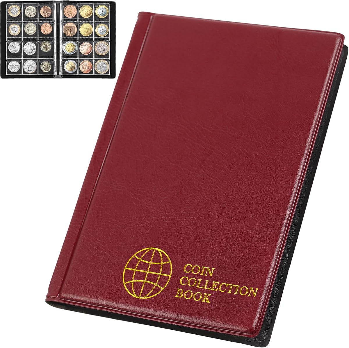 Coin Collection Album 120 Pockets 30x30mm Coin Holder Storage Pocket Red | Uncle Paul Coin Book Fit Coins Up To 25mm Acid Free PVC Pages & PU Leather Cover Portable 15.2x11.5cm CS0112RE