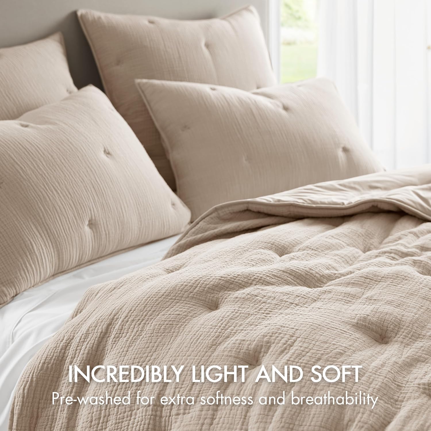 Harbor House Cotton Muslin Quilt Set Taupe Full/Queen, Crinkled Texture with Embroidered Tacking, Lightweight All Season Comfort, 250GSM Fill, Oeko-TEX Certified Includes Matching Shams