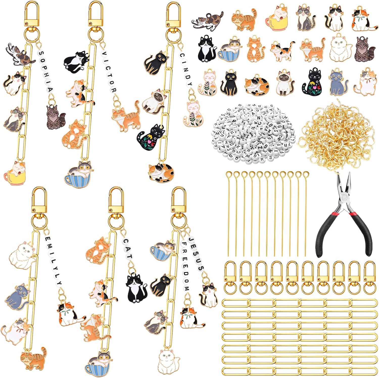CraftyDream 558 Pcs Cat Charm Keychain Making Kit DIY Name Keychain Craft