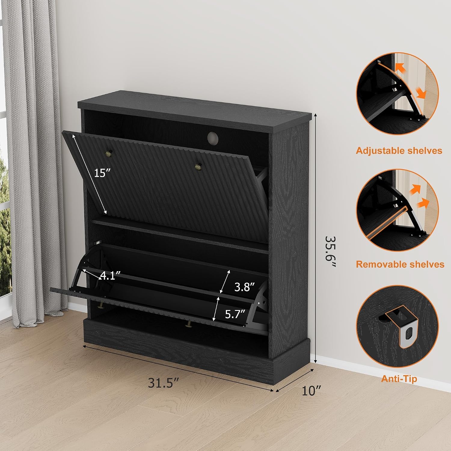 GarveeHome Shoe Cabinet with 2 Ribbed Folding Doors, Hallway Cabinet with Metal Handles, Shoe Rack with Adjustable Shelves, 80 x 25.4 x 90.4 cm