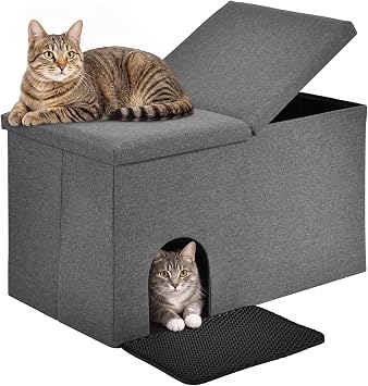 PETSITE Cat Hidden Litter Box Enclosure Furniture, Cat Washroom Storage Bench with Urine Proof Litter Mat and Smell Control Carbon Filter, Dog Proof & Waterproof Grey